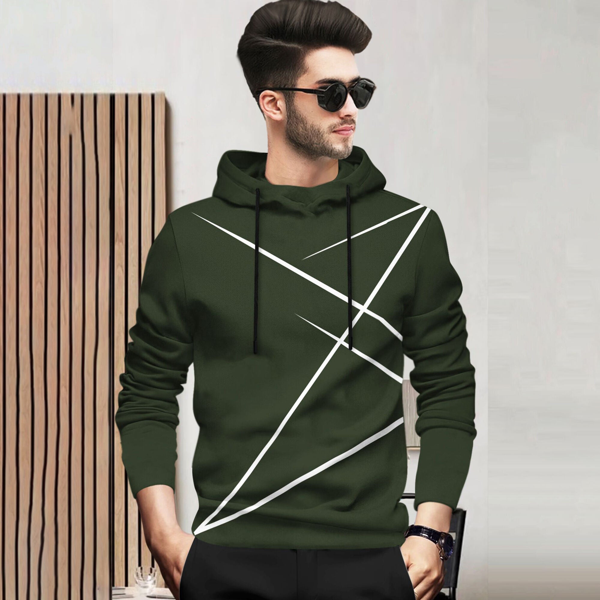 Men Full Sleeve Zig Zag Printed Hooded T-shirt / Olivgreen – TRIPR