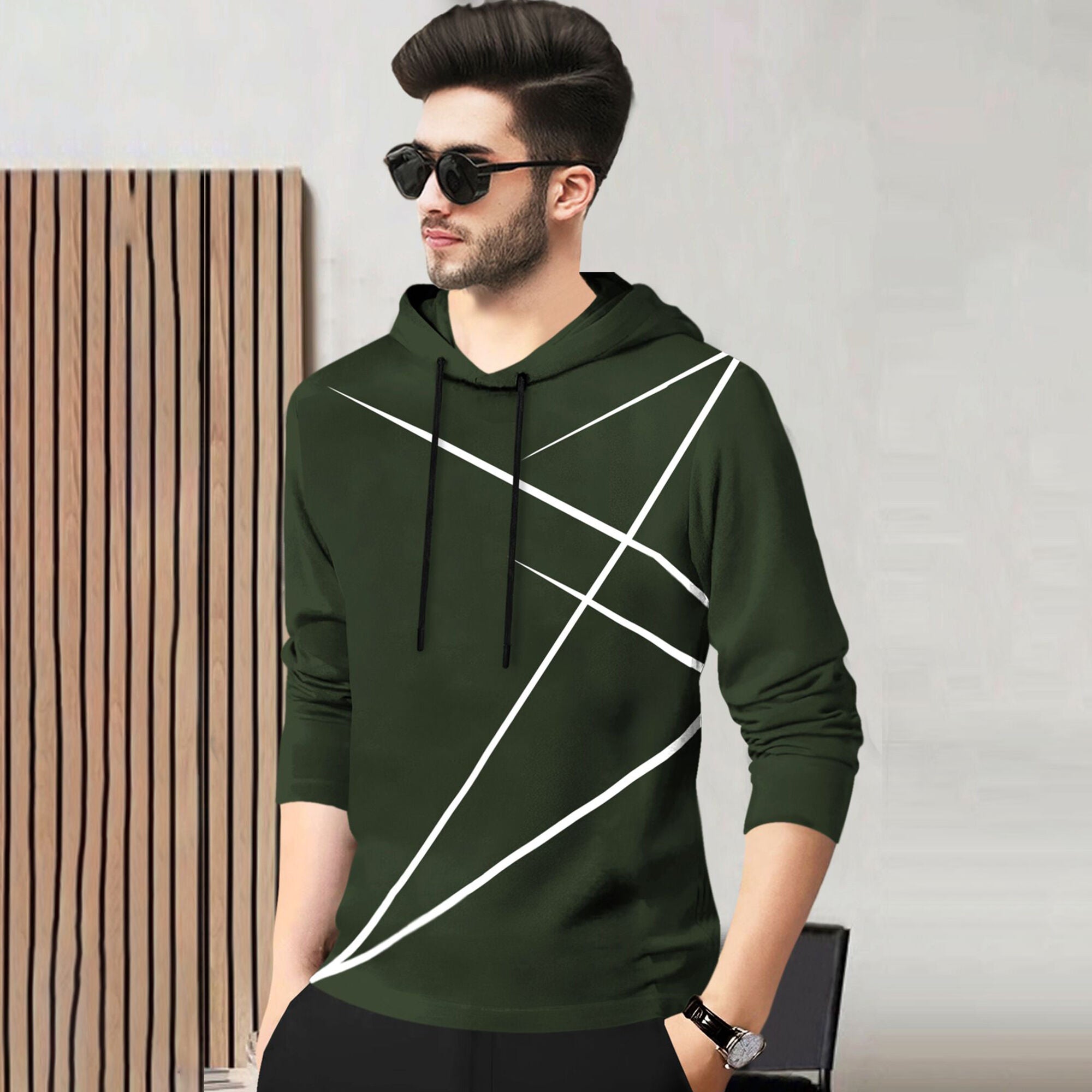 Men Full Sleeve Zig Zag Printed Hooded T-shirt / Olivgreen