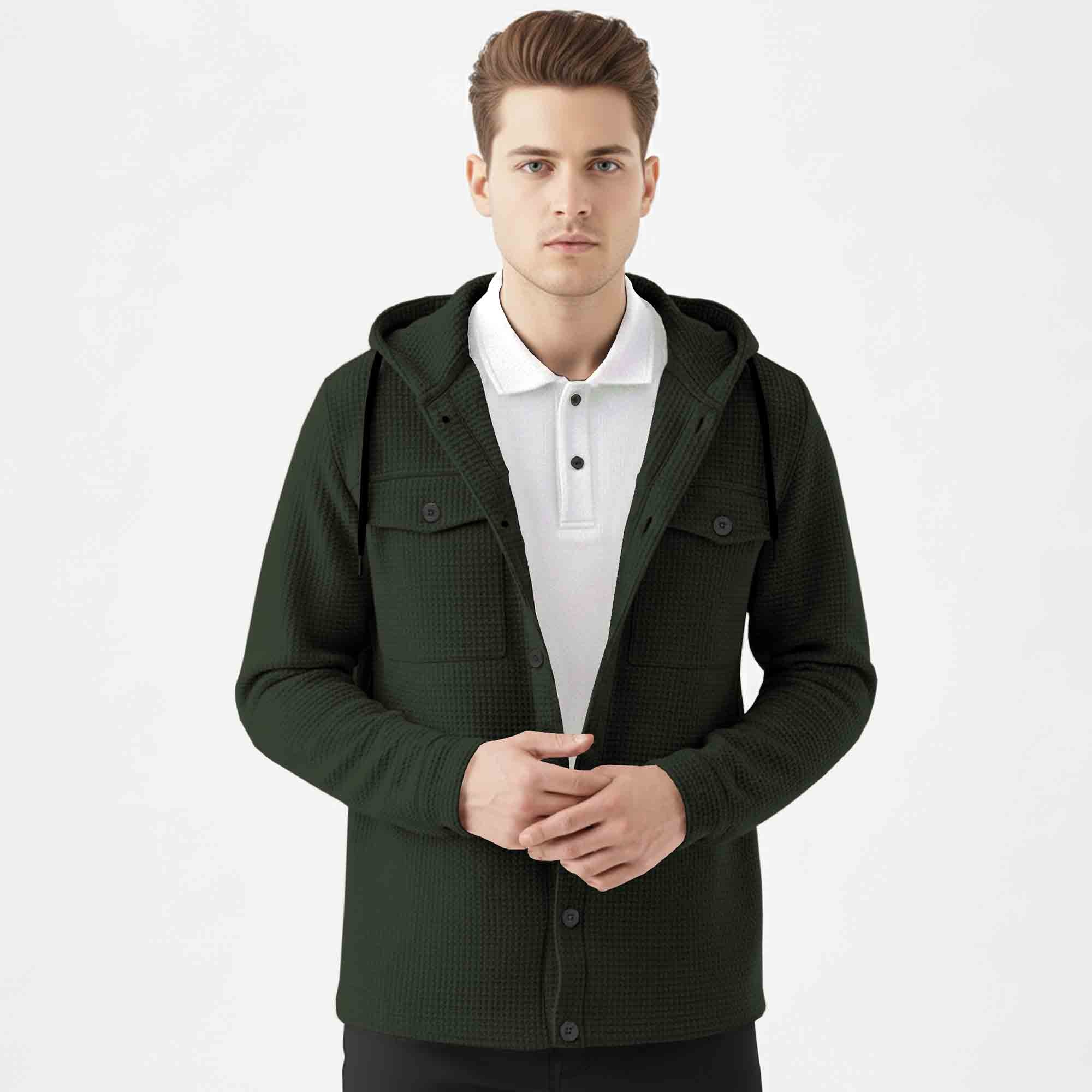 Men Smart Casual Double Pocket Full Sleeve Hooded Olive Textured Shirt