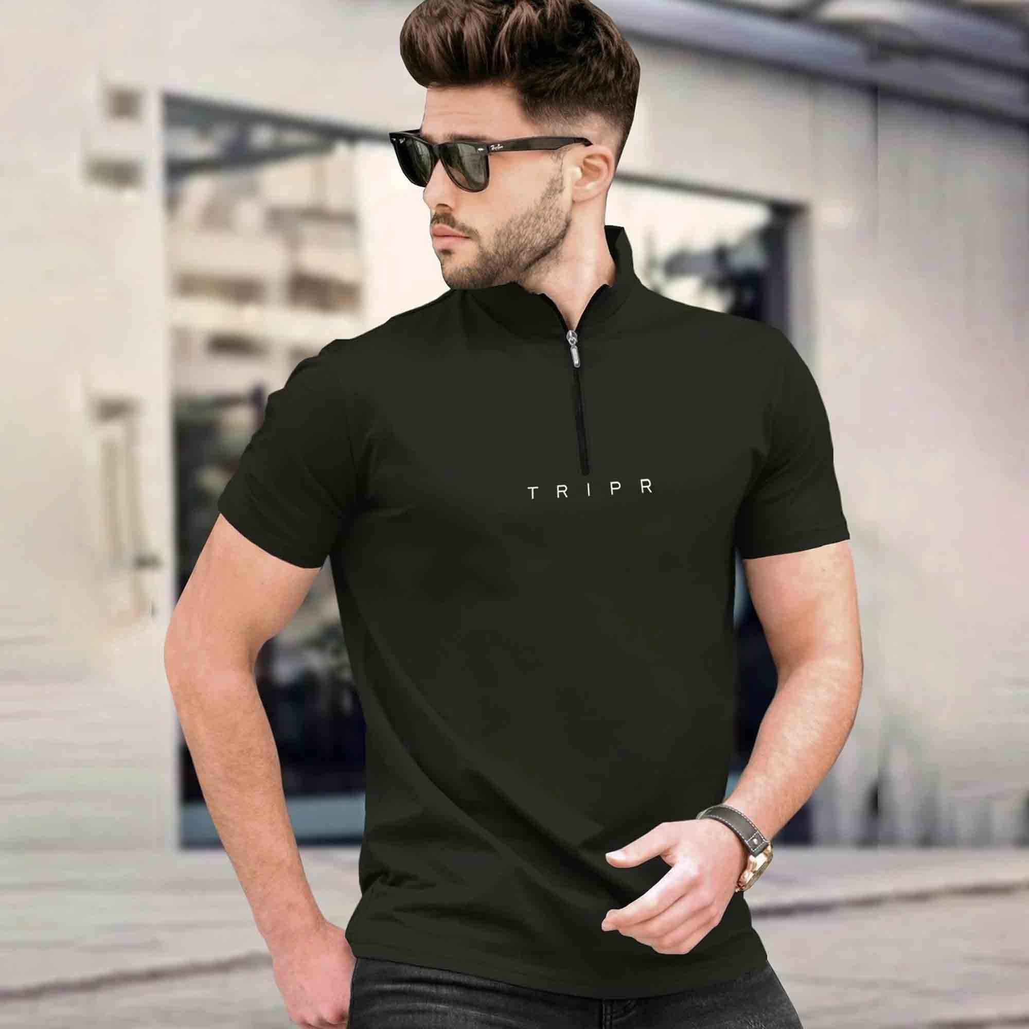 Men Olivegreen Short Sleeve Zip Neck plain T-Shirt