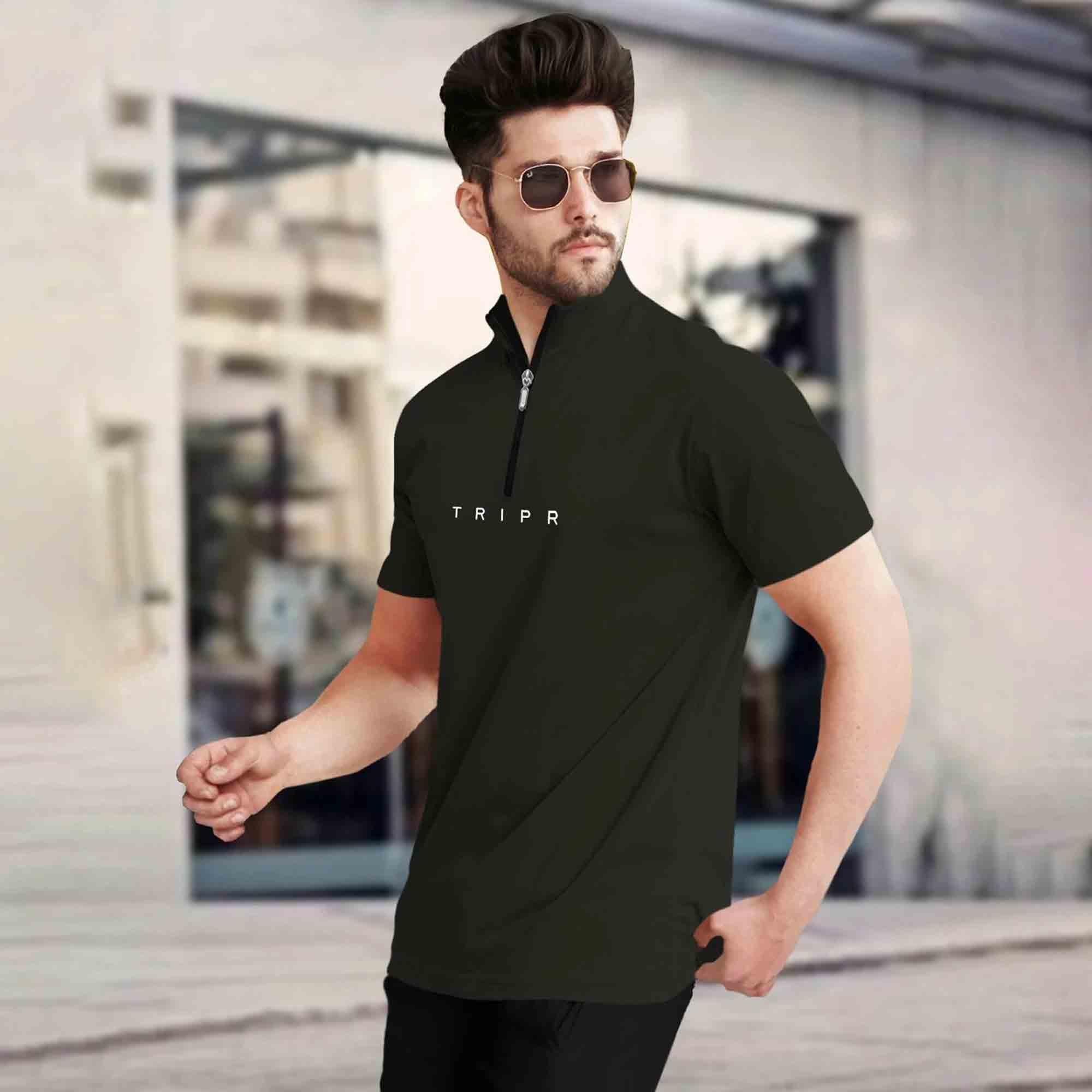 Men Olivegreen Short Sleeve Zip Neck plain T-Shirt