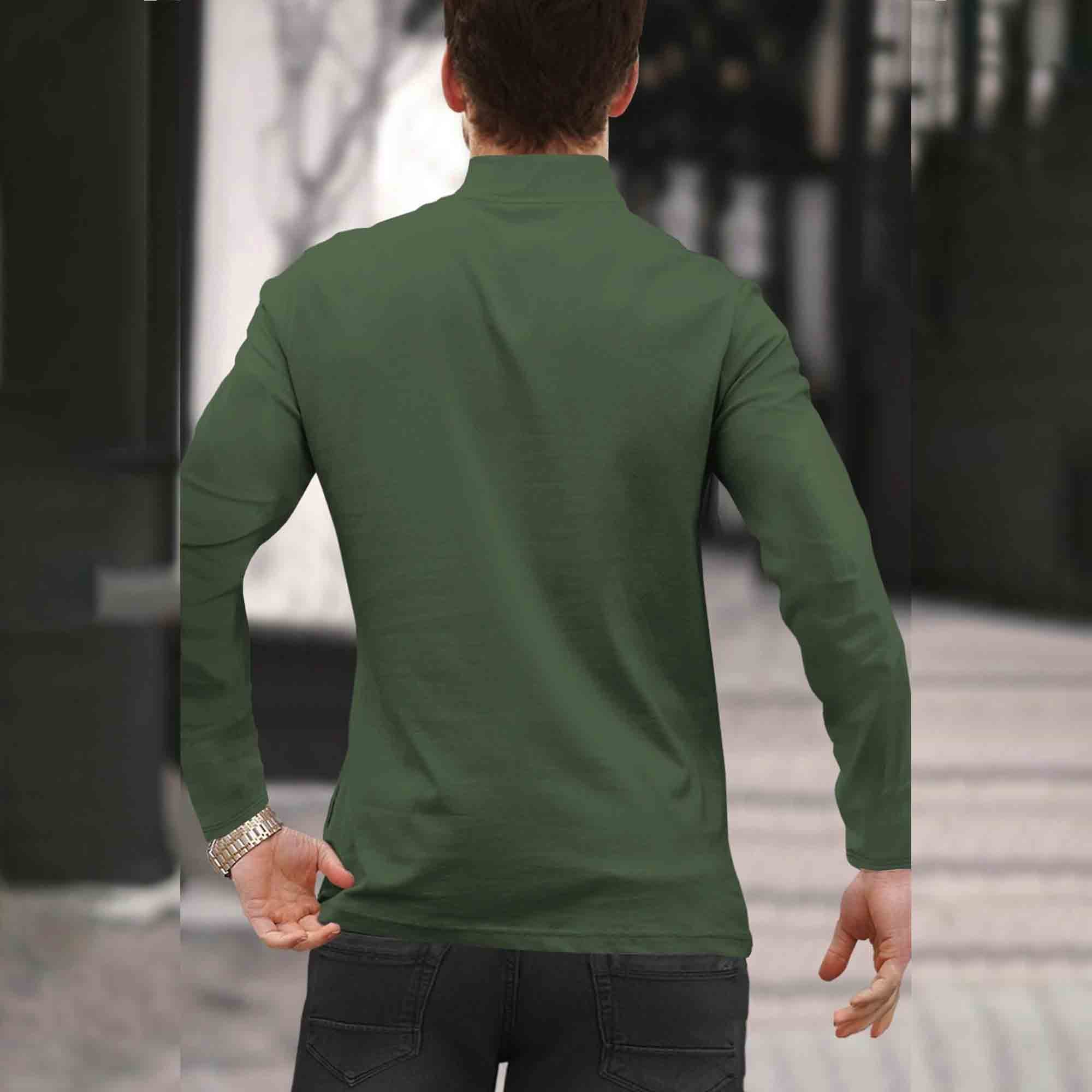 Men High Neck Zipper Olive Green Full Sleeve T-Shirt