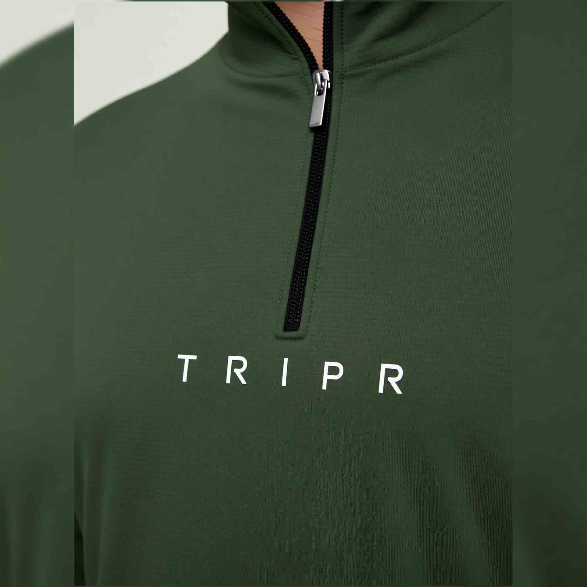 Men High Neck Zipper Olive Green Full Sleeve T-Shirt