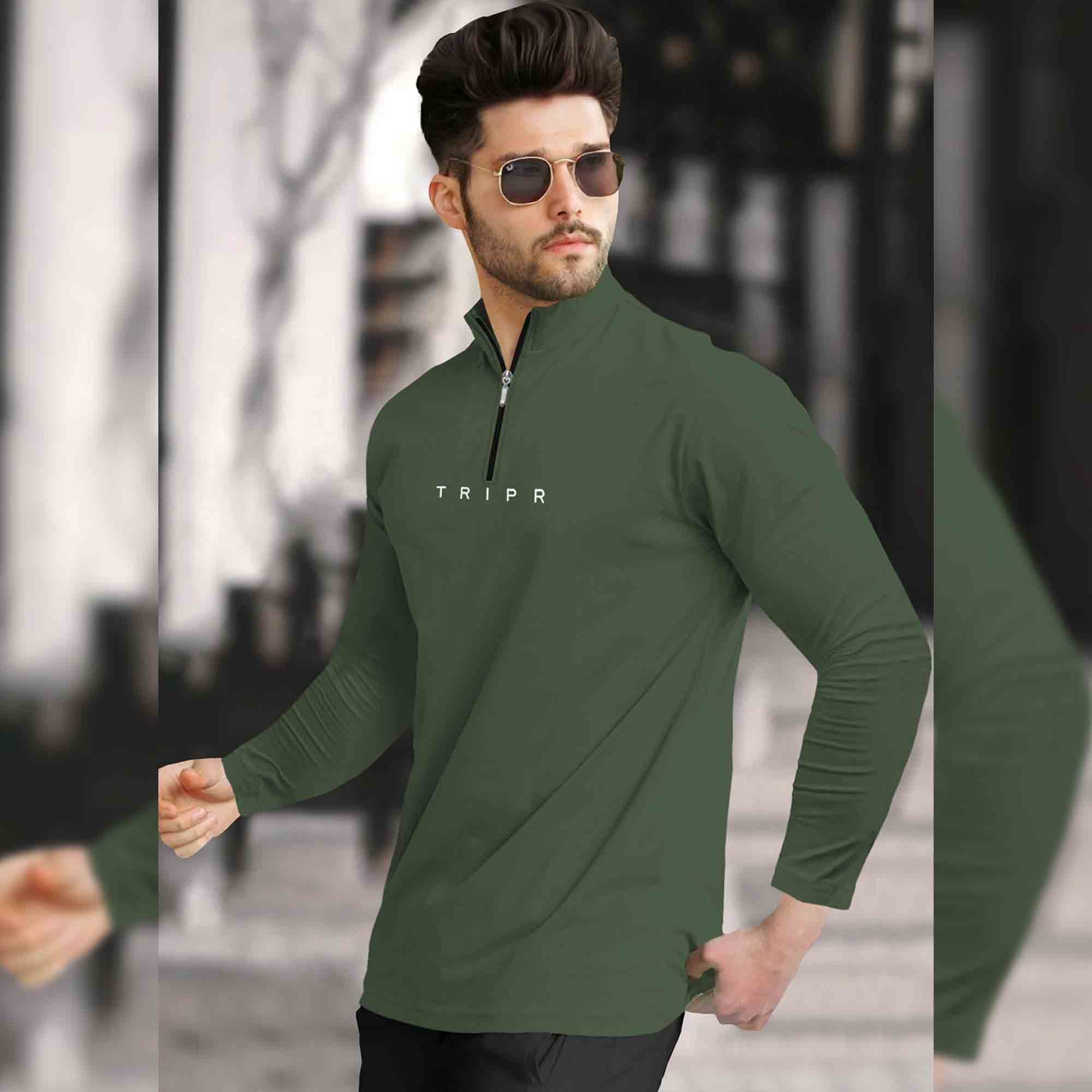 Men High Neck Zipper Olive Green Full Sleeve T-Shirt