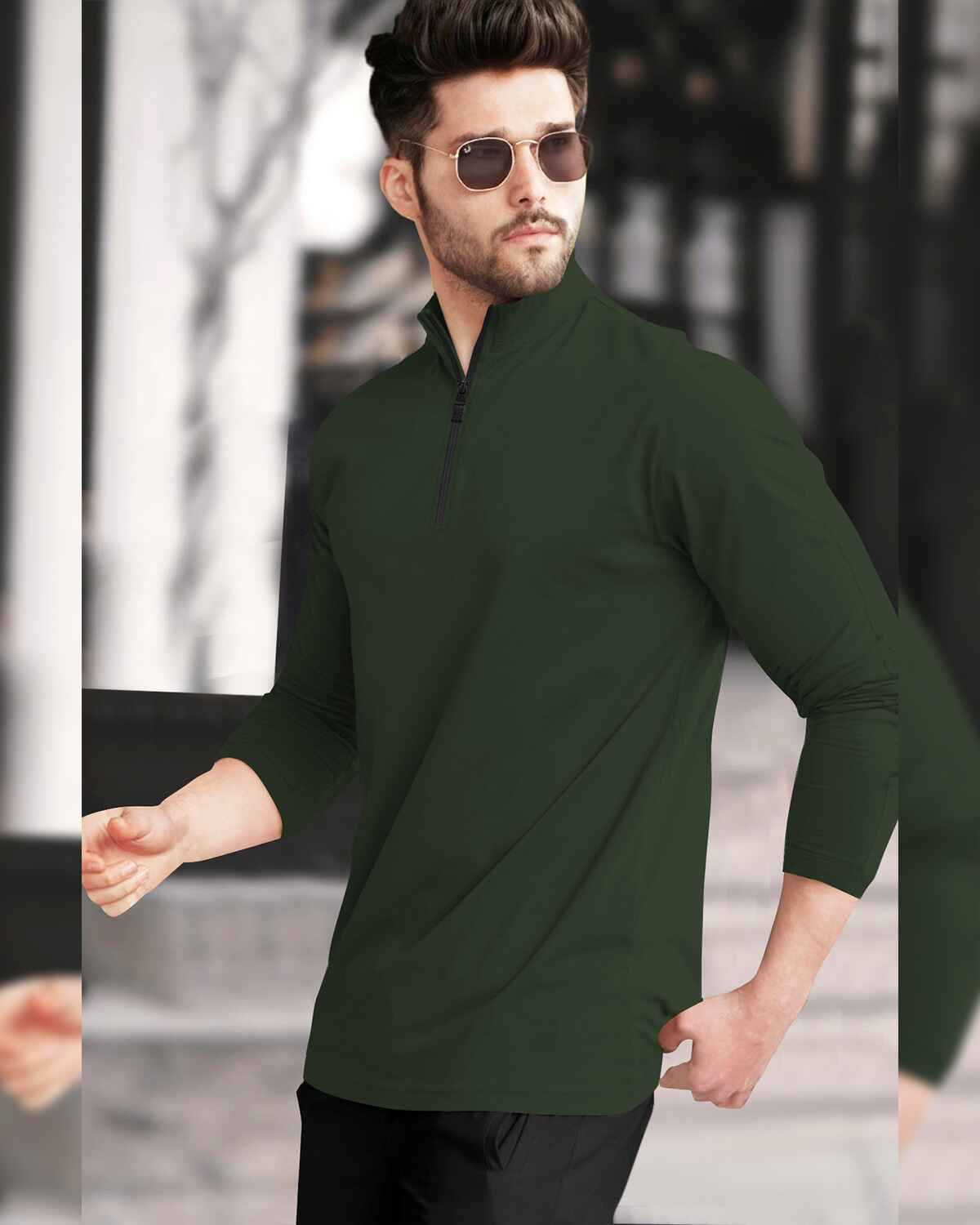 Men High Neck Zipper Full Sleeve Olive Green T-Shirt