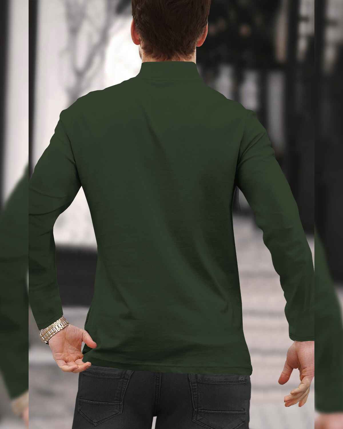 Men High Neck Zipper Full Sleeve Olive Green T-Shirt