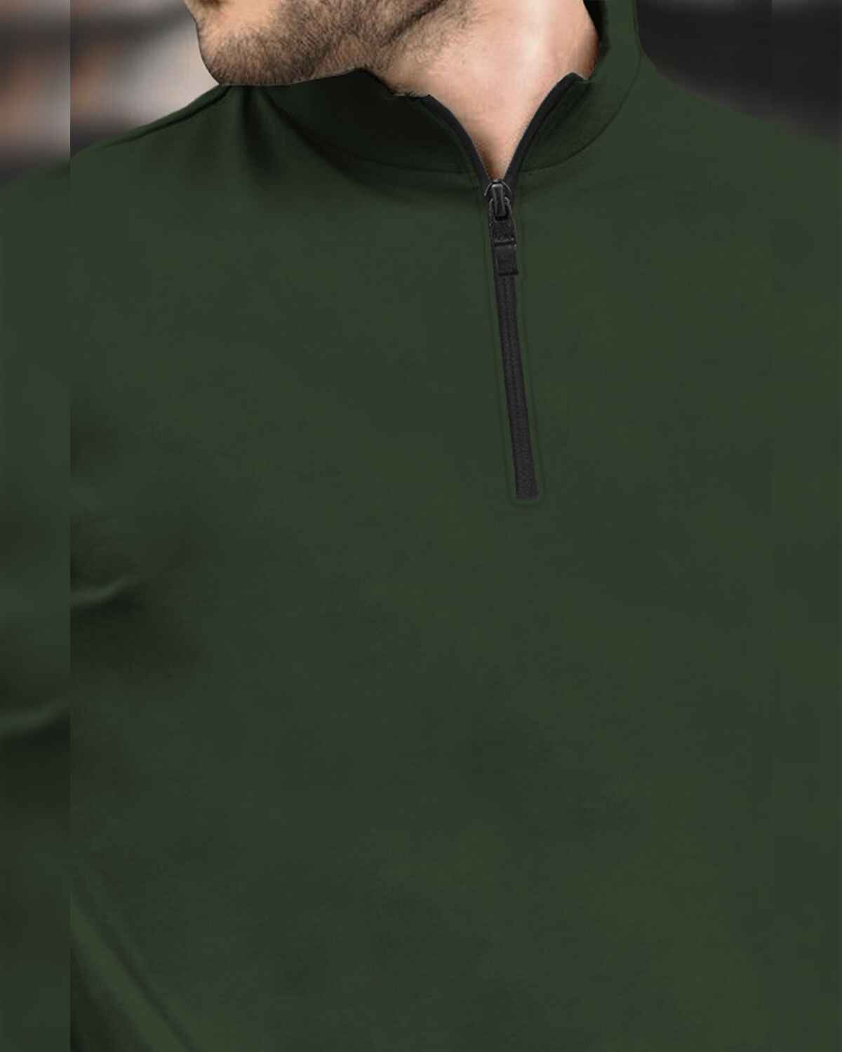 Men High Neck Zipper Full Sleeve Olive Green T-Shirt