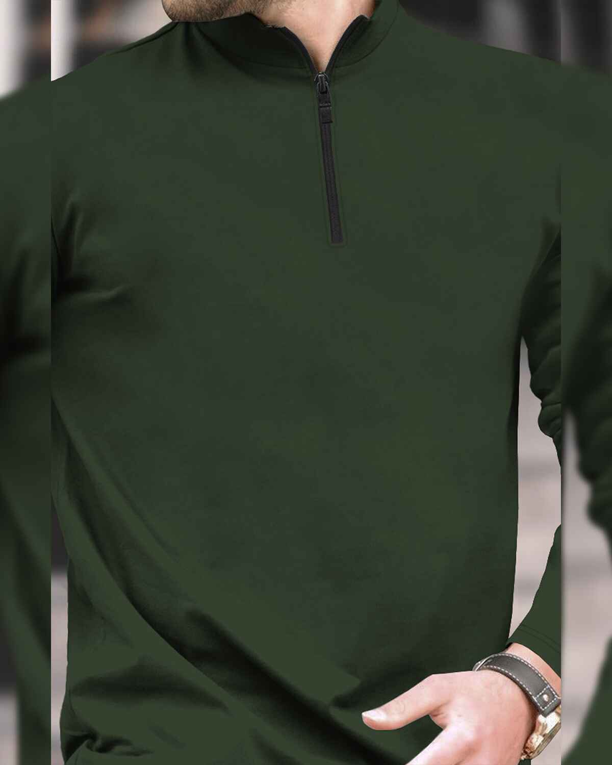 Men High Neck Zipper Full Sleeve Olive Green T-Shirt