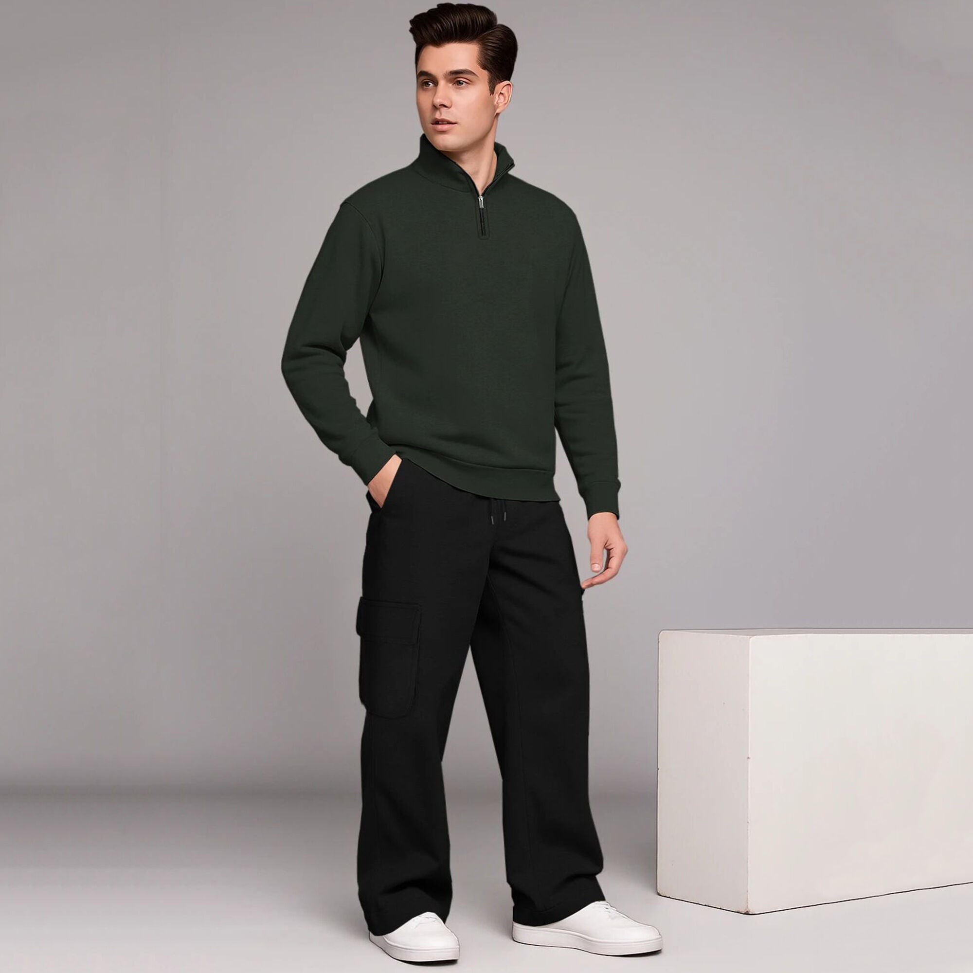 High Neck Sweatshirt & Baggy Cargo Plain Winter Outfits