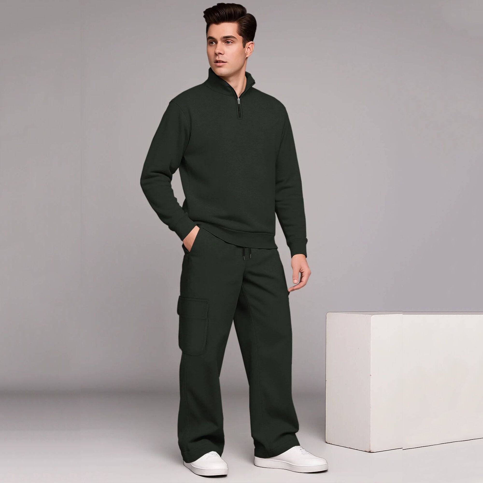 High Neck Sweatshirt & Baggy Cargo Plain Winter Outfits