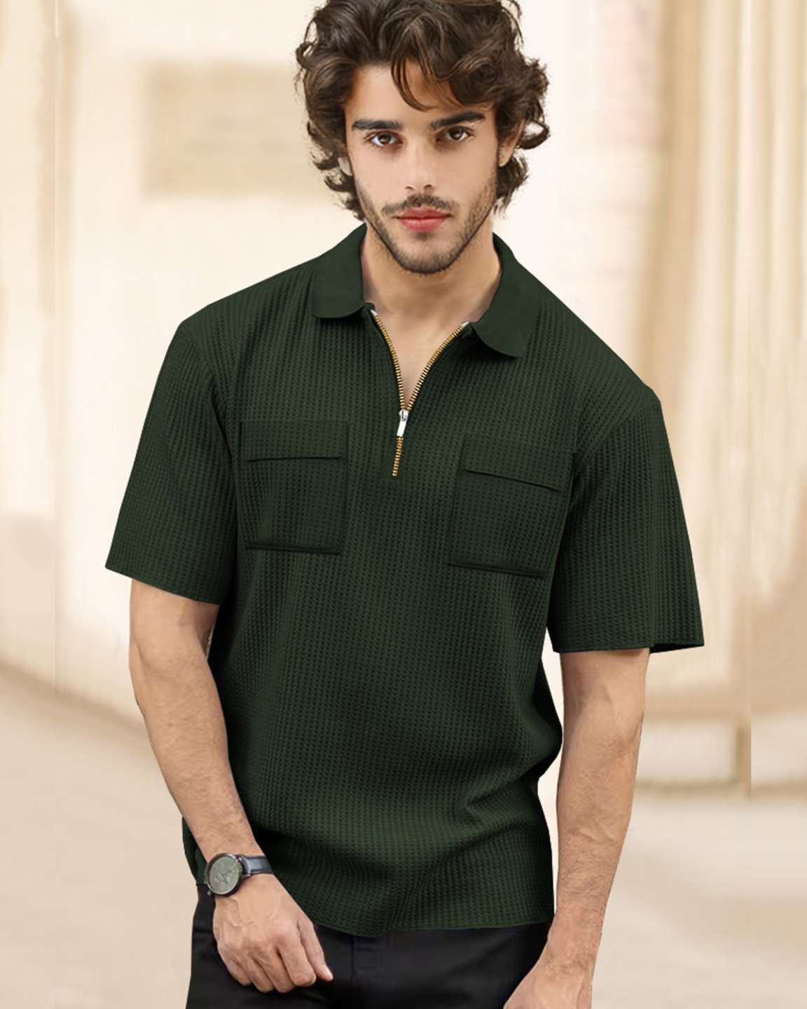 Men Olivegreen Half Sleeve Double Pocket Waffle T-shirt