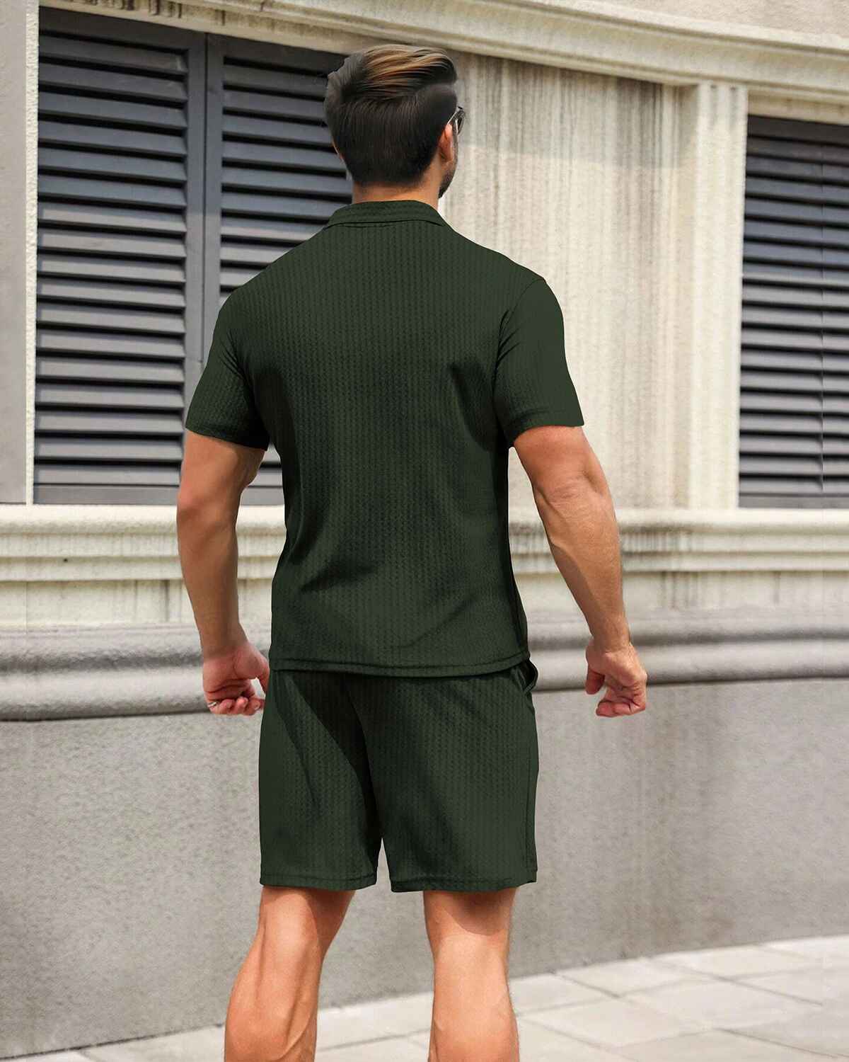 Tracksuit For Men Waffle Polo T-shirt Plain Olivegreen with Plain Waffle Olivegreen Shorts