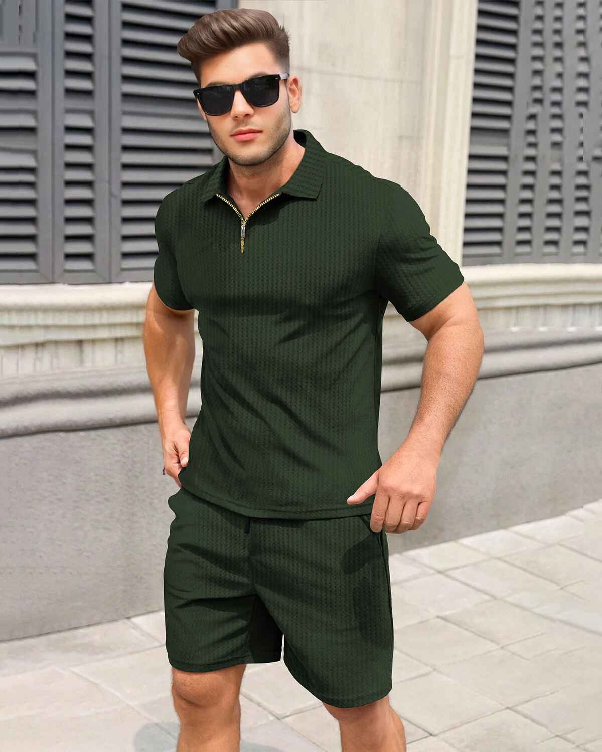 Tracksuit For Men Waffle Polo T-shirt Plain Olivegreen with Plain Waffle Olivegreen Shorts