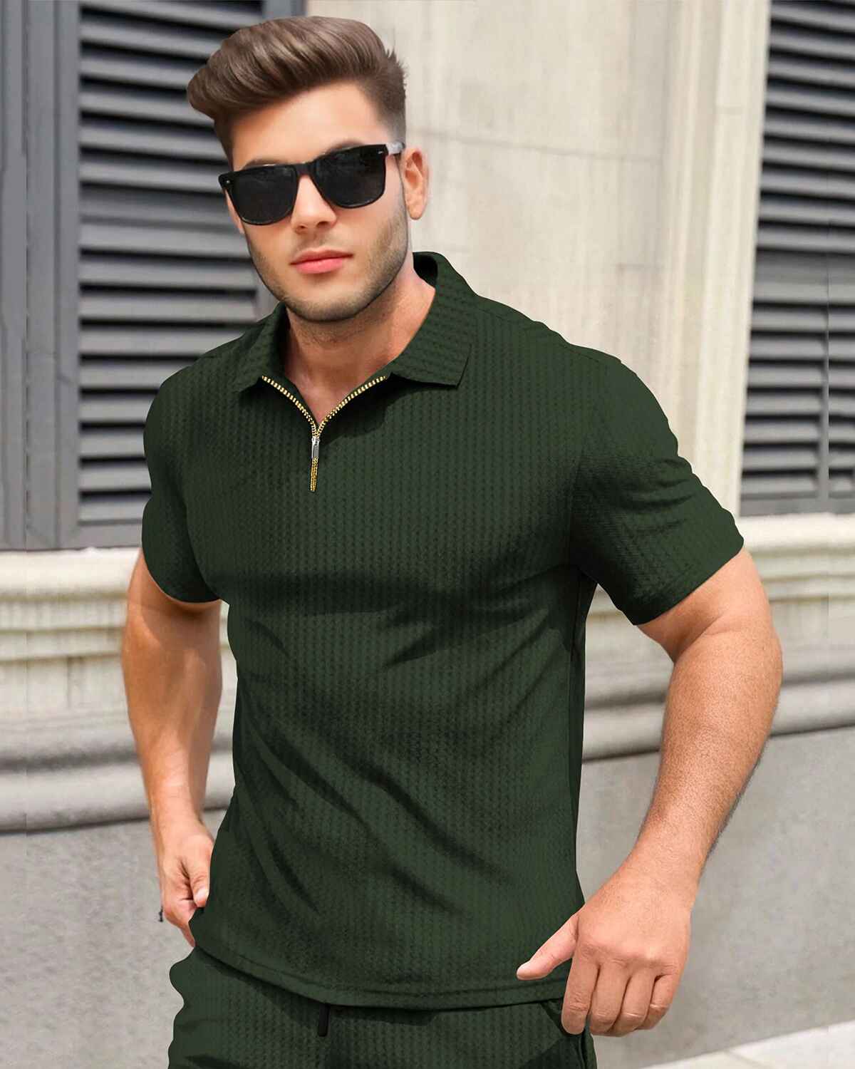 Tracksuit For Men Waffle Polo T-shirt Plain Olivegreen with Plain Waffle Olivegreen Shorts