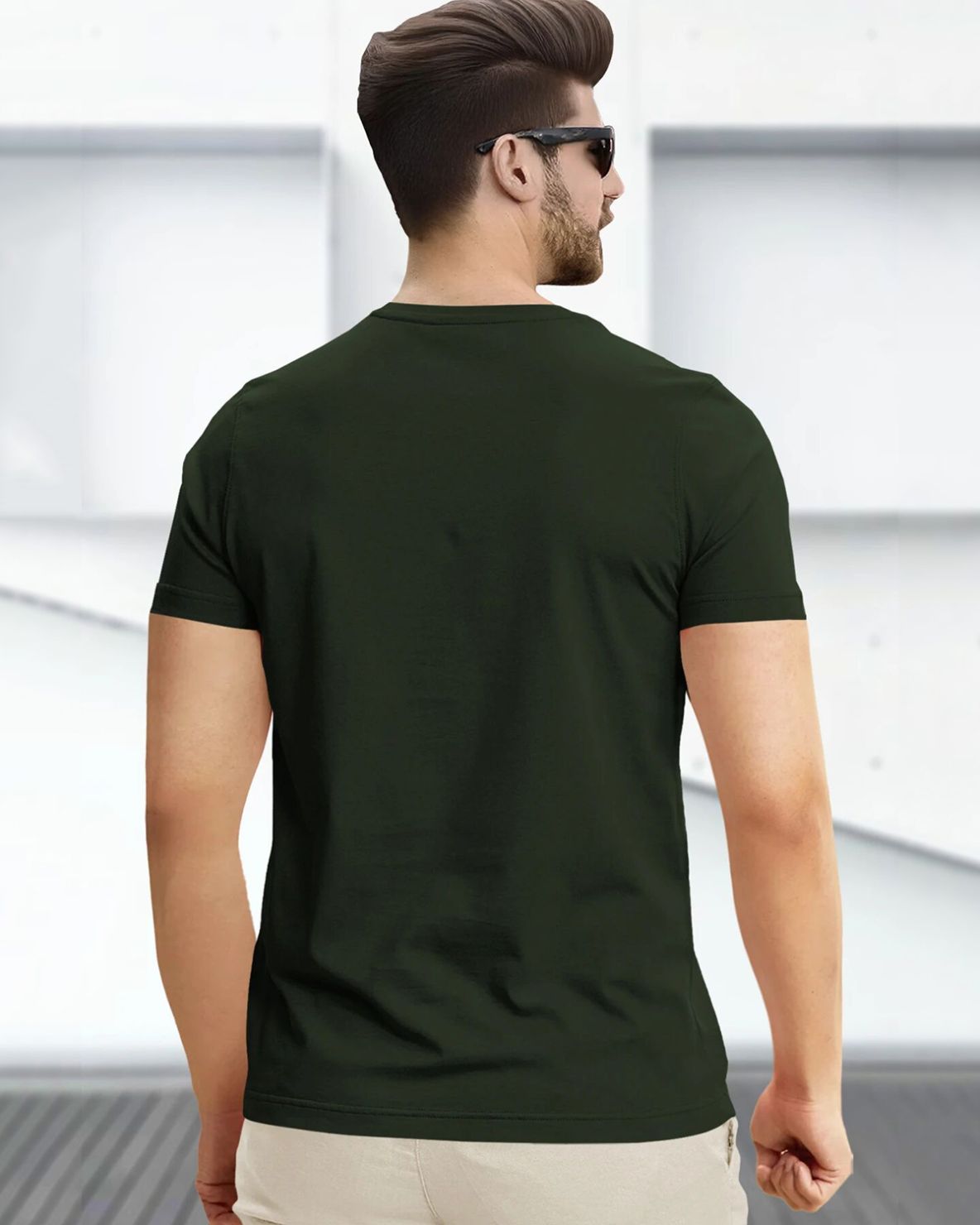 Feather Printed Half Sleeve Olive Green Round Neck Mens T-shirt