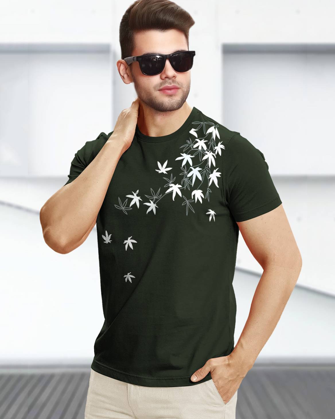 Feather Printed Half Sleeve Olive Green Round Neck Mens T-shirt