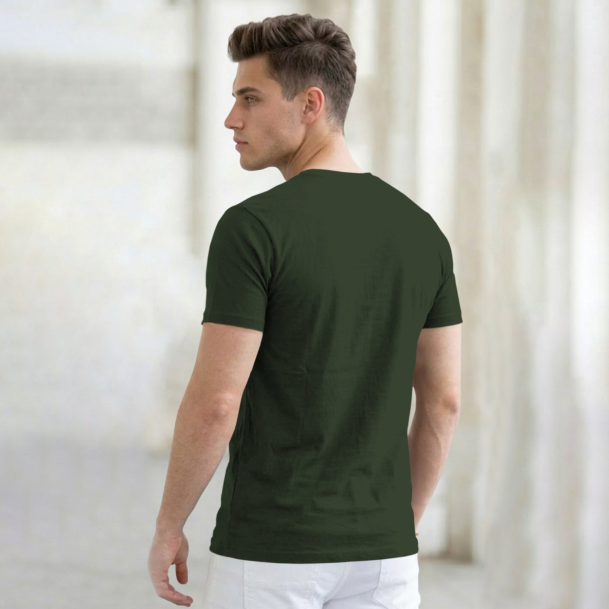 (Pack Of 1) Men Half Sleeve Round Neck Plain Olive Green T-shirt