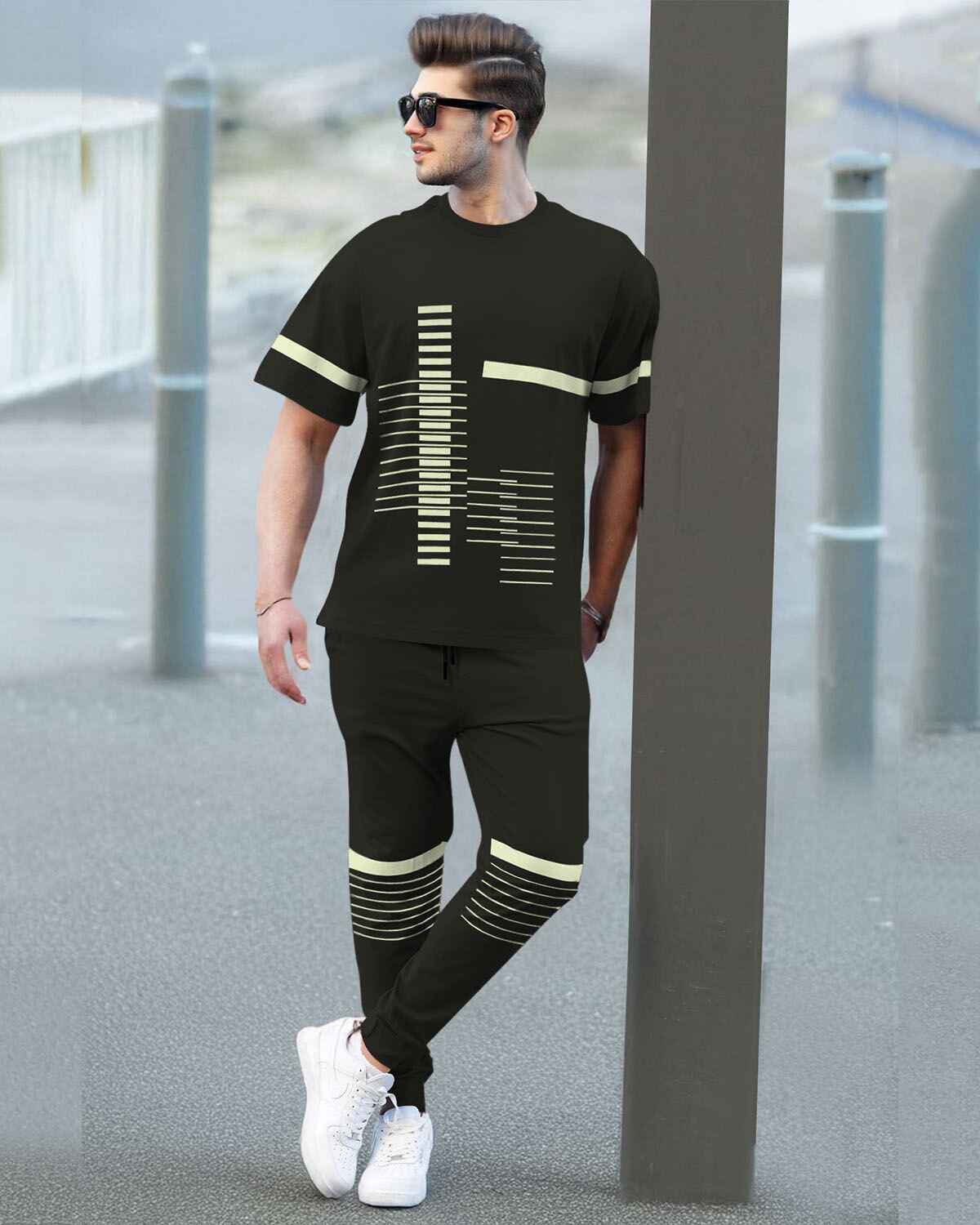 Tracksuit For Men - Half Sleeve Olivegreen T-shirt with Olivegreen Printed Trackpant