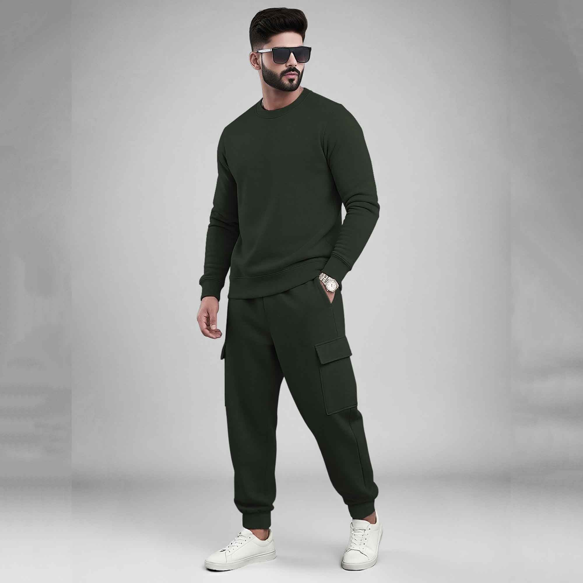 Men's Plain Round Neck Sweatshirts and Cargo Joggers Outfit Sets