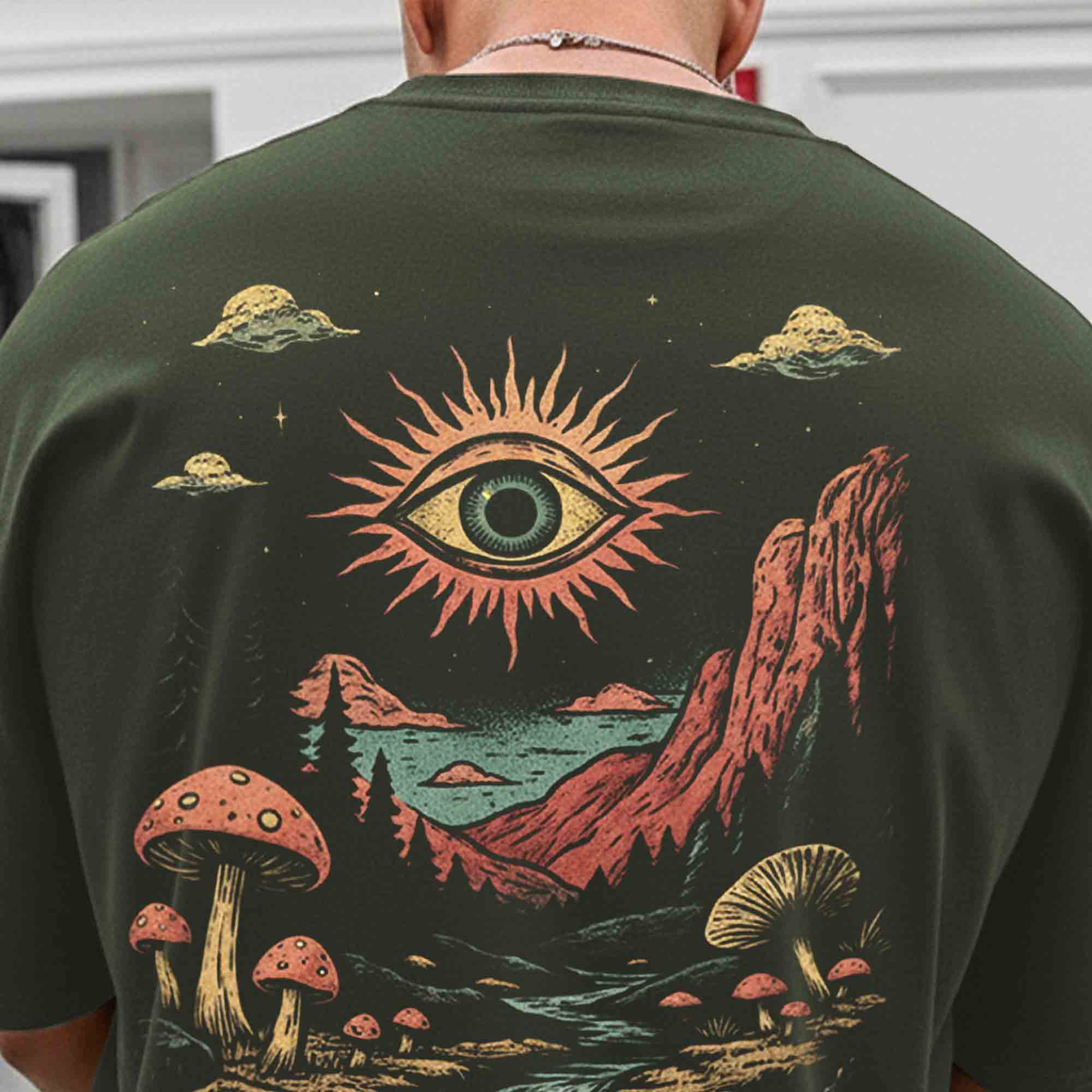 Men Back Printed Loose Fit Baggy Tshirt Olivegreen