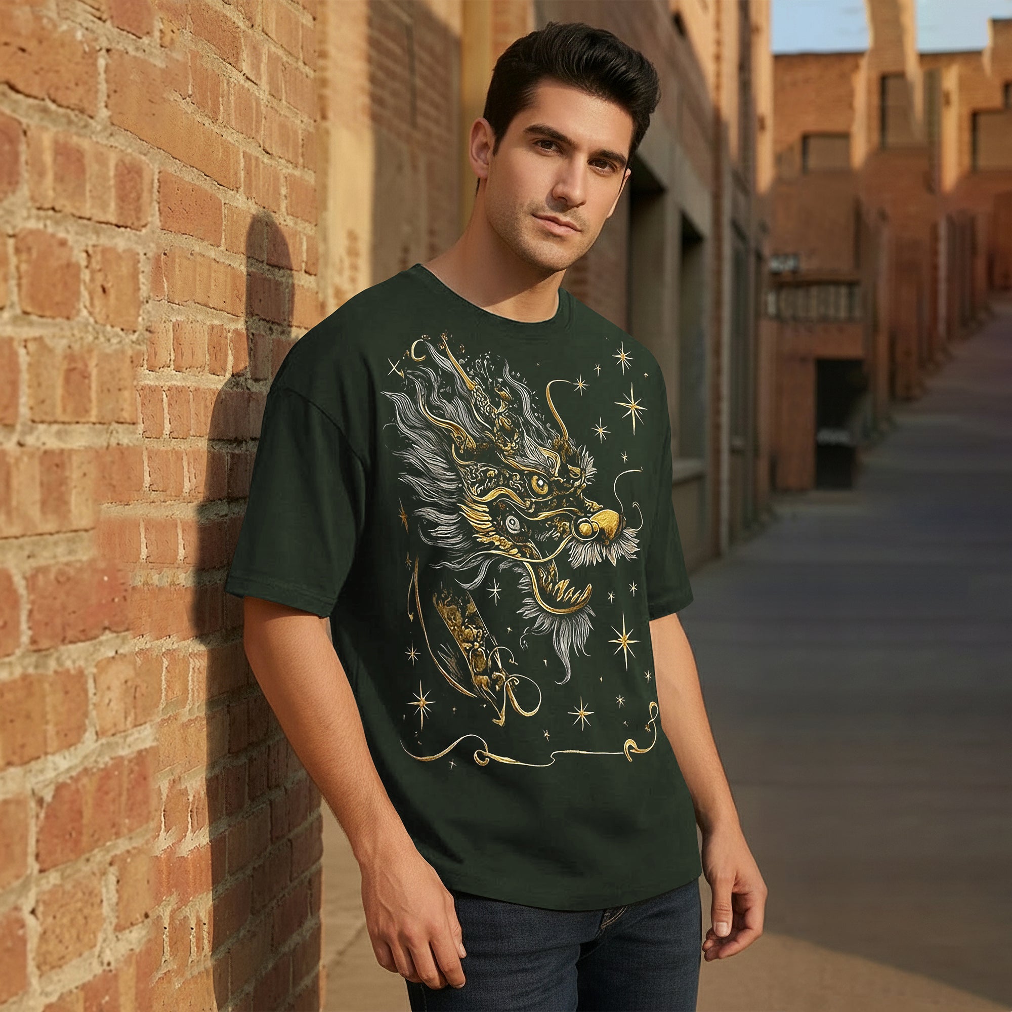 Japanese Dragon Printed Oversized Olivegreen Tshirt