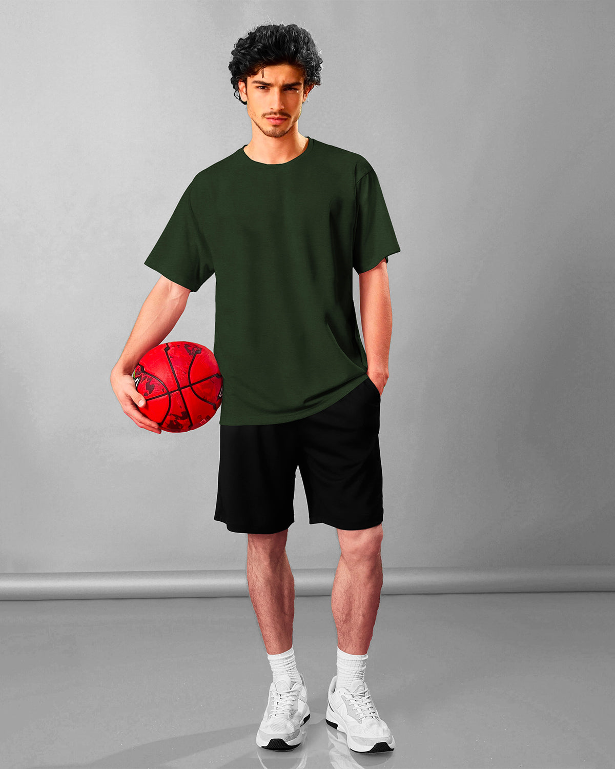 Olive Green Mens Round Neck Solid Oversized T-shirt