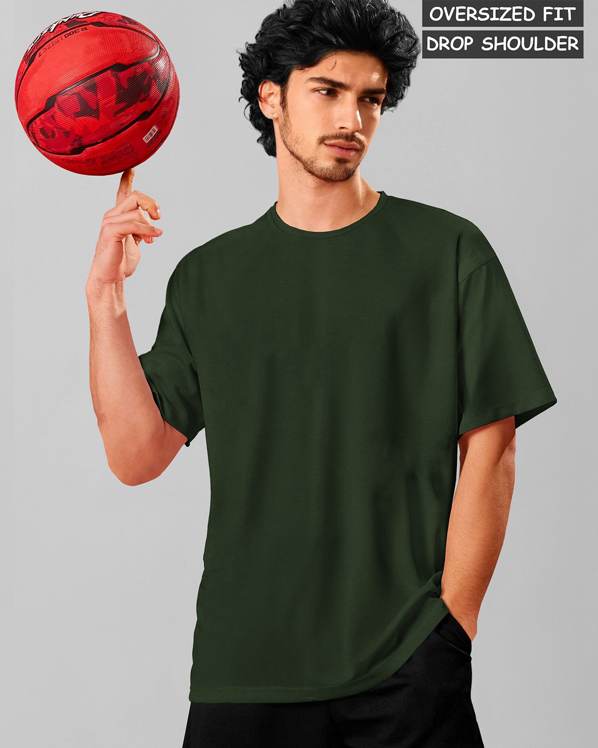 Olive Green Mens Round Neck Solid Oversized T-shirt