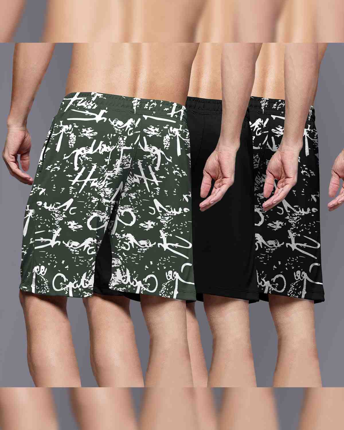 (Pack Of 3) Men Printed Shorts / Olive & Black