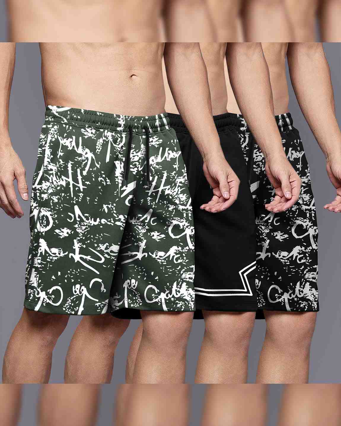 (Pack Of 3) Men Printed Shorts / Olive & Black
