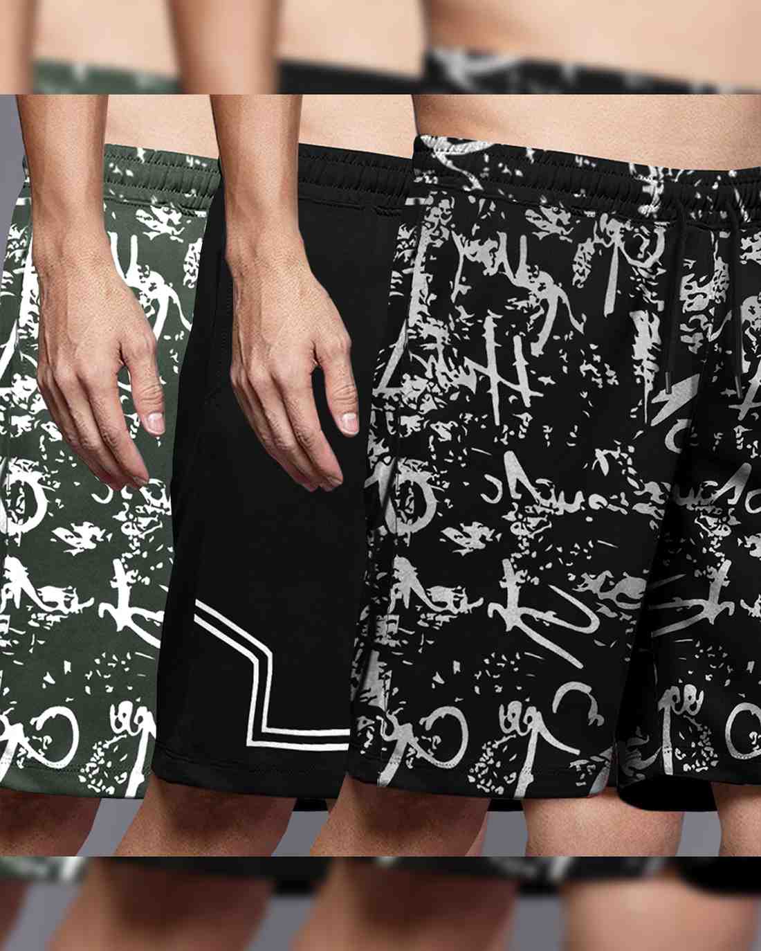 (Pack Of 3) Men Printed Shorts / Olive & Black