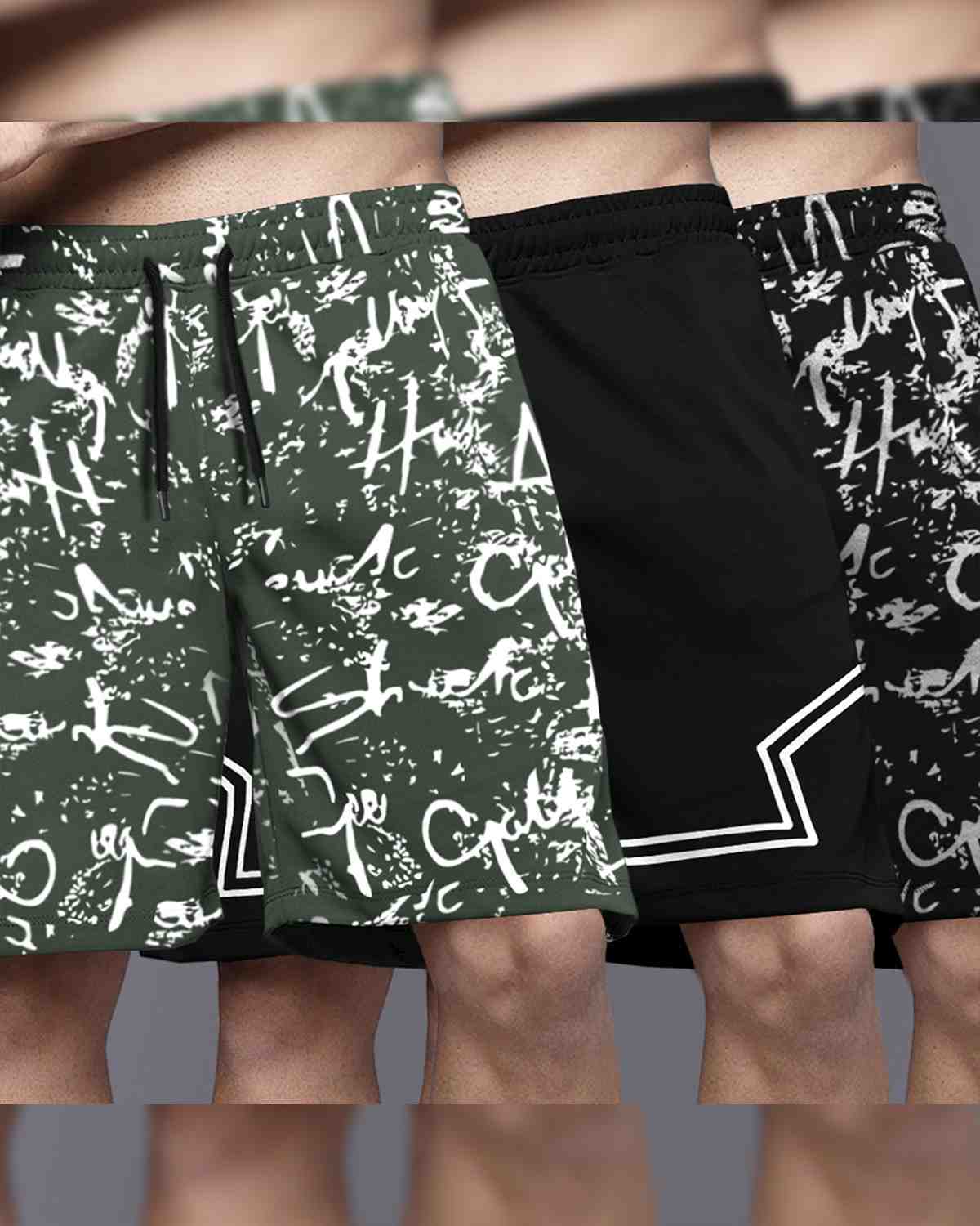 (Pack Of 3) Men Printed Shorts / Olive & Black
