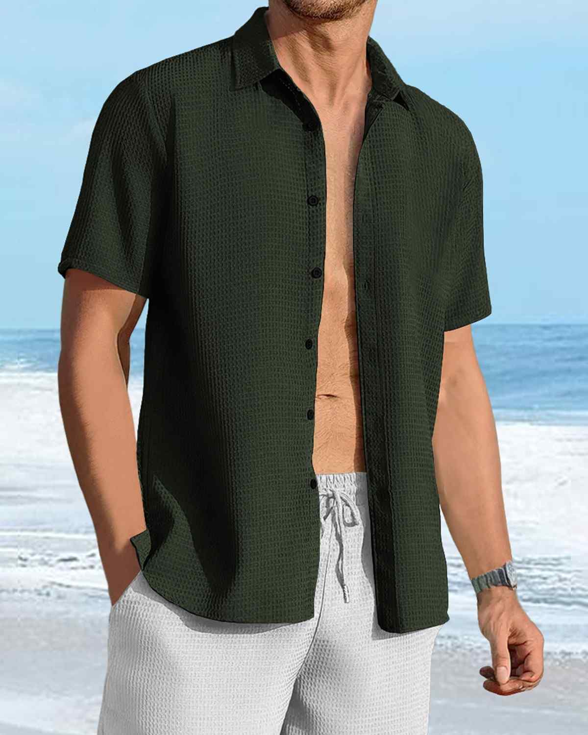 Men Half Sleeve Olivegreen Waffle Shirt