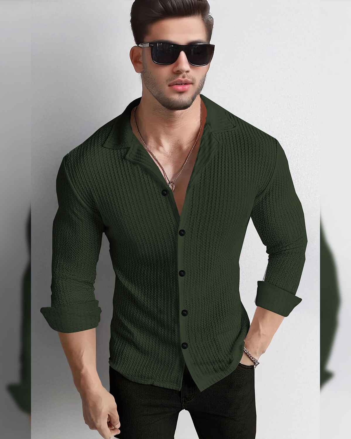 Men Full Sleeve Olivegreen Solid Color Waffle Textured Shirt