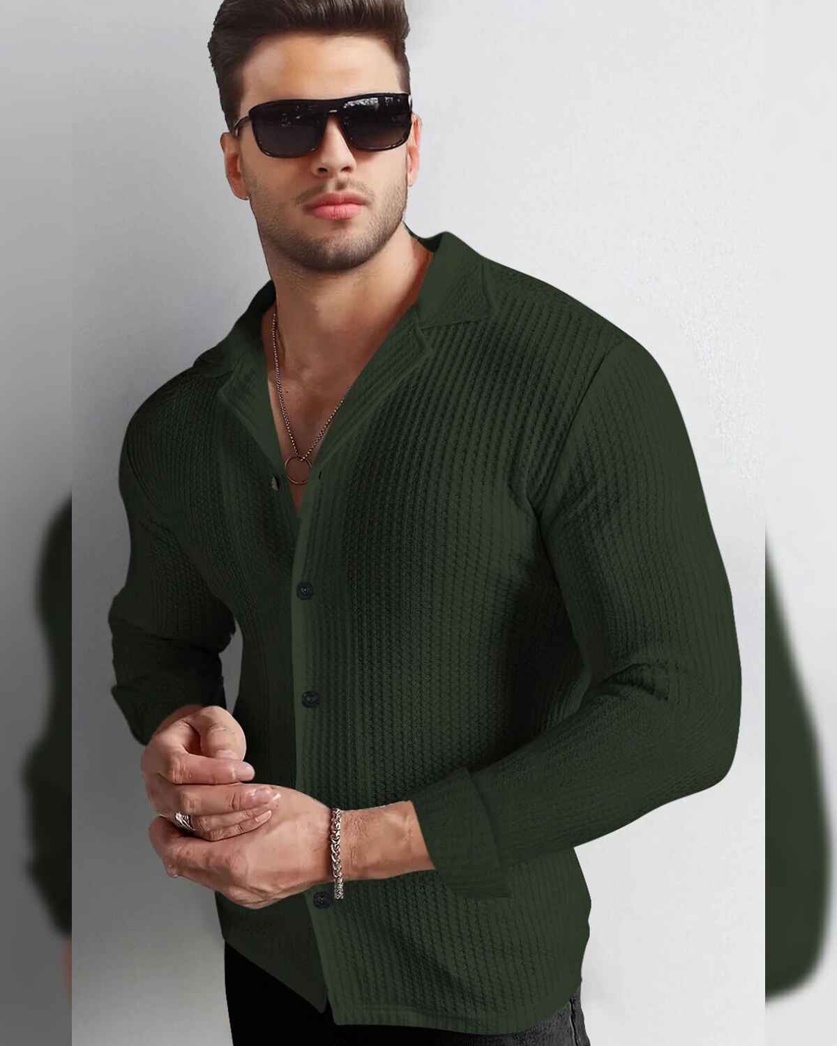 Men Full Sleeve Olivegreen Solid Color Waffle Textured Shirt