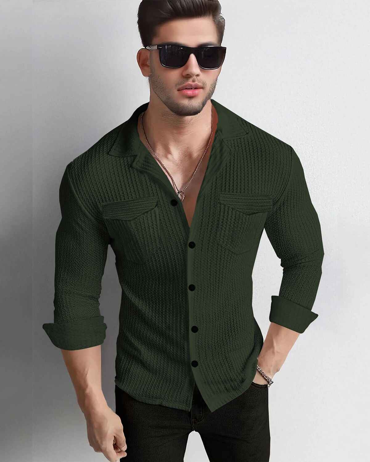 Men Full Sleeve Olivegreen Double Pocket Waffle Textured Shirt