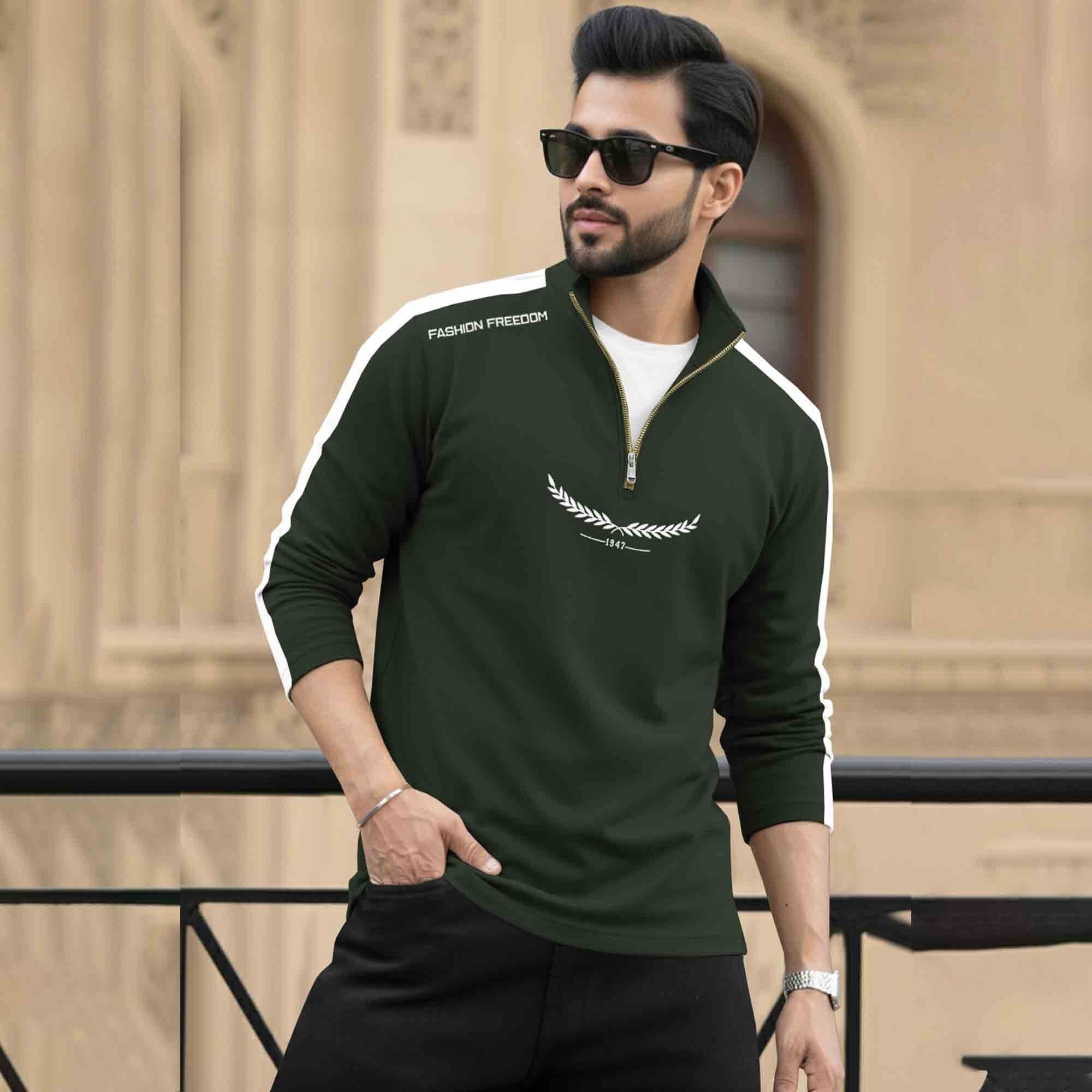 Men Full Sleeve Round Neck Cotton Blend Olivegreen-White T-shirt