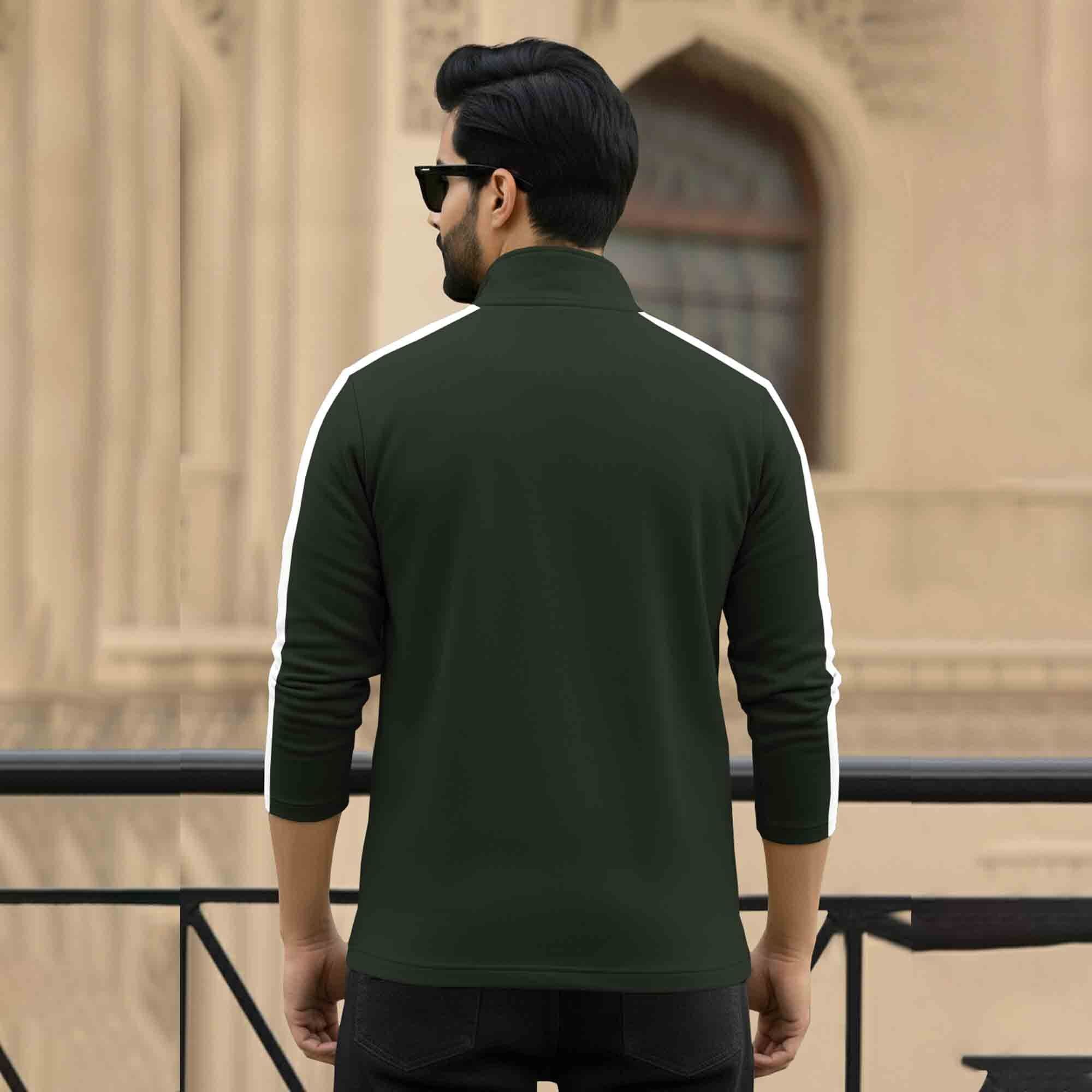 Men Full Sleeve Round Neck Cotton Blend Olivegreen-White T-shirt