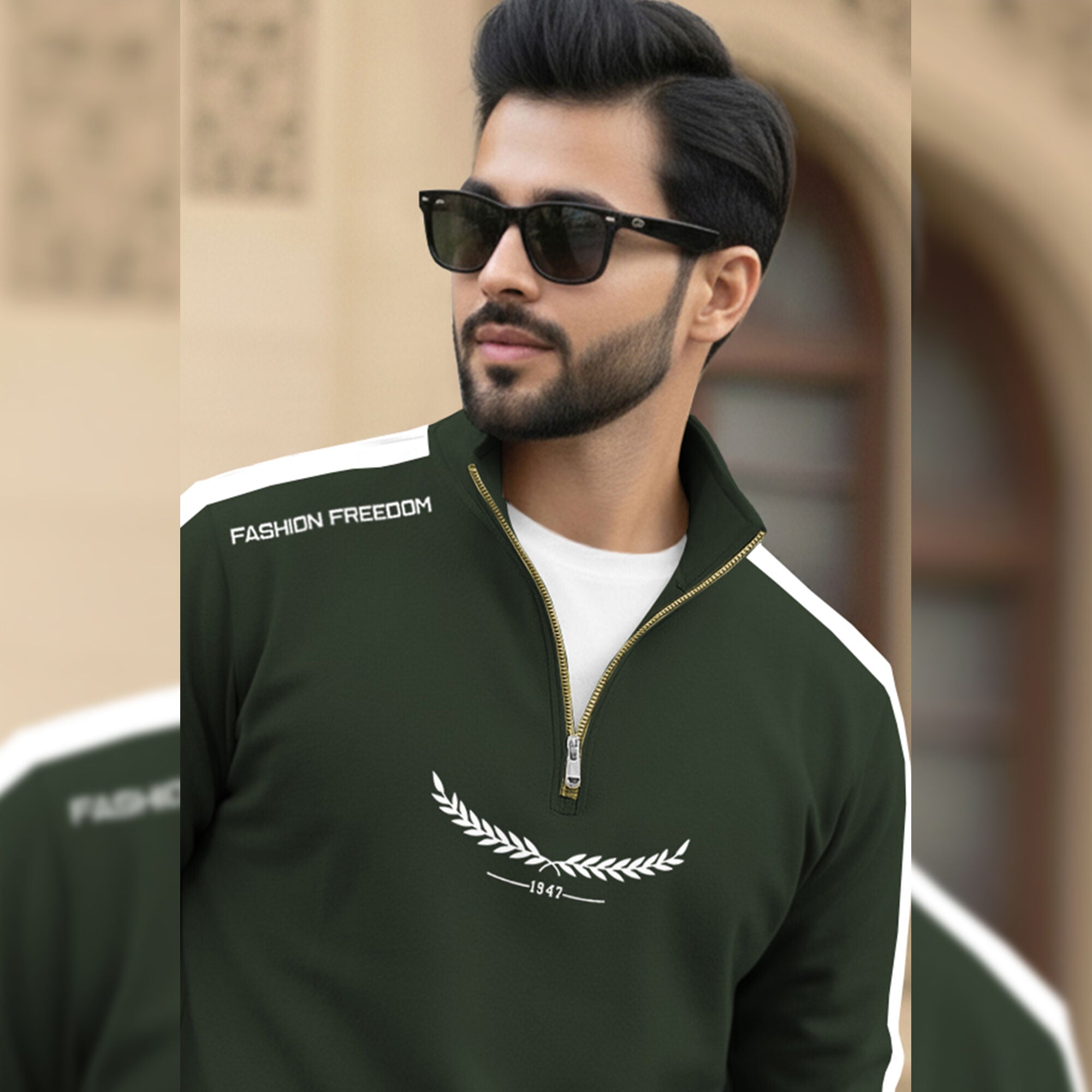 Men Full Sleeve Round Neck Cotton Blend Olivegreen-White T-shirt