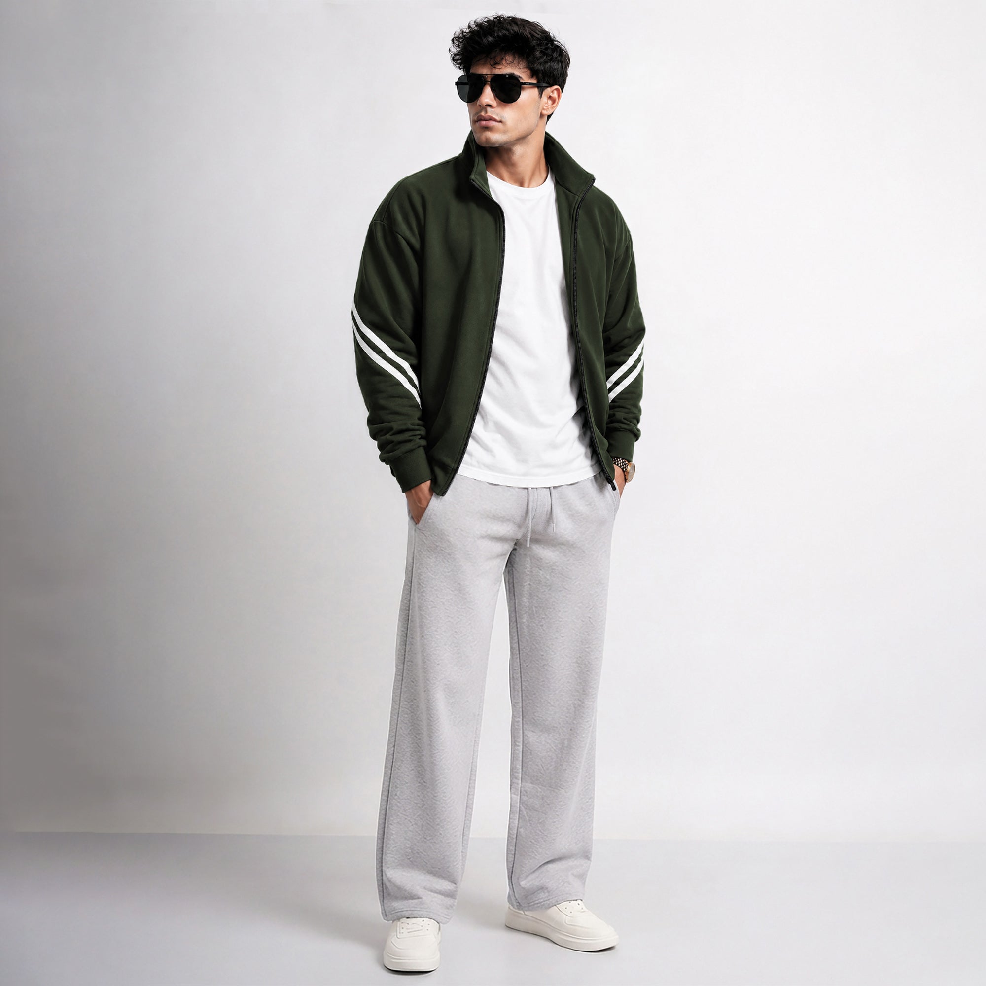 Mens High Neck Color Blocked Winter Jacket Olivegreen