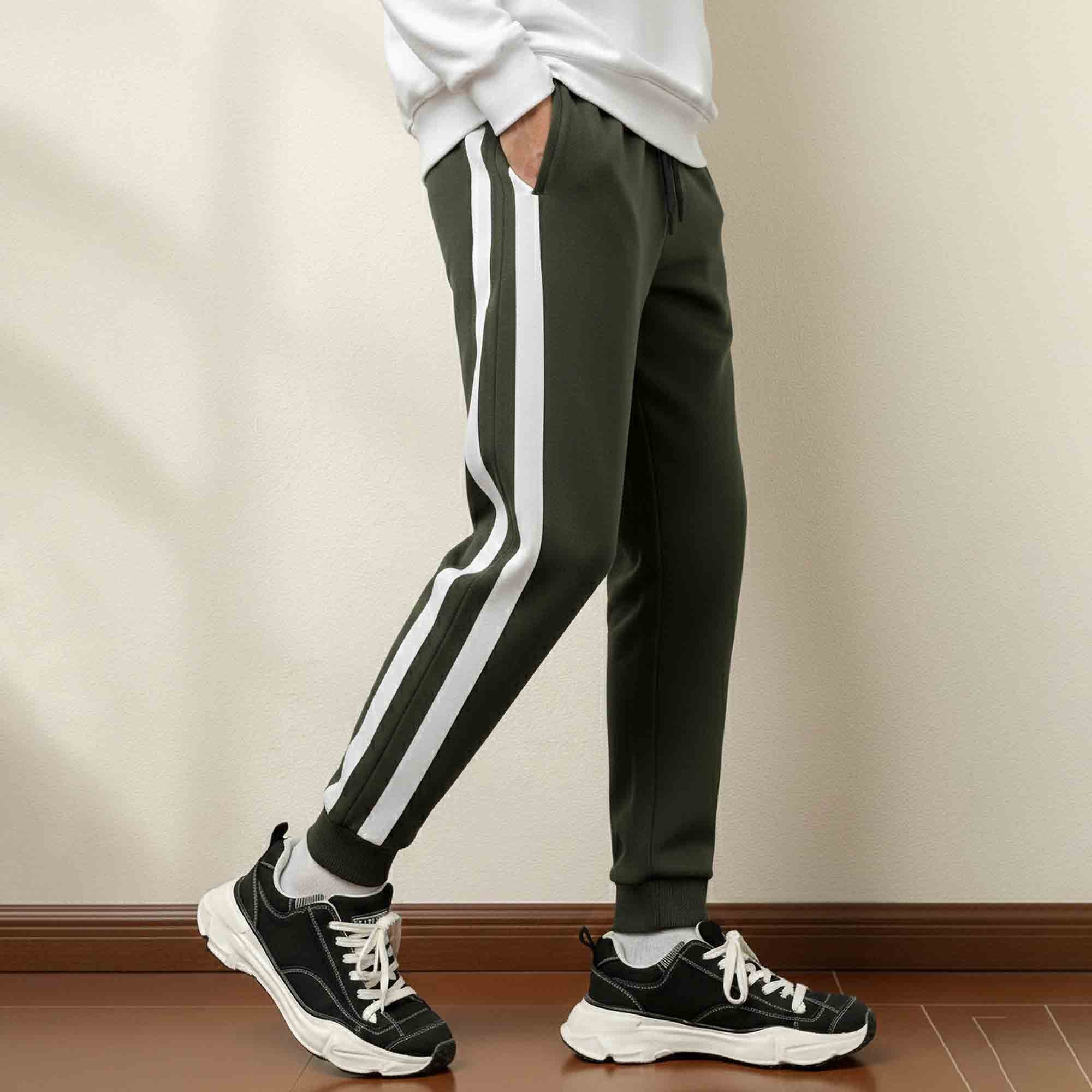 Men White Striped Cuffed ankle Olivegreen Track Pant