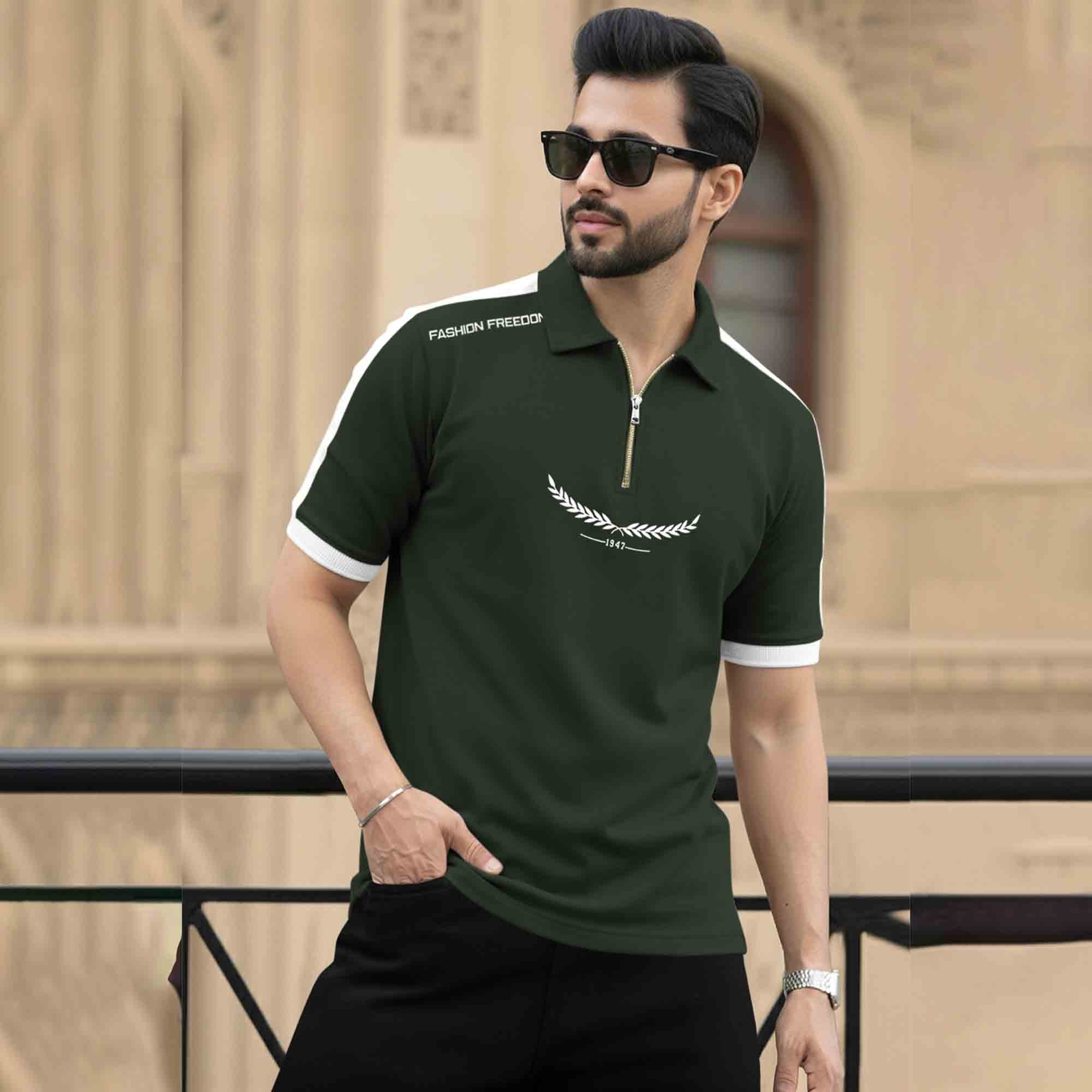 Men Quarter Zip Polo Neck Half Sleeve T-SHIRT Olivegreen & White