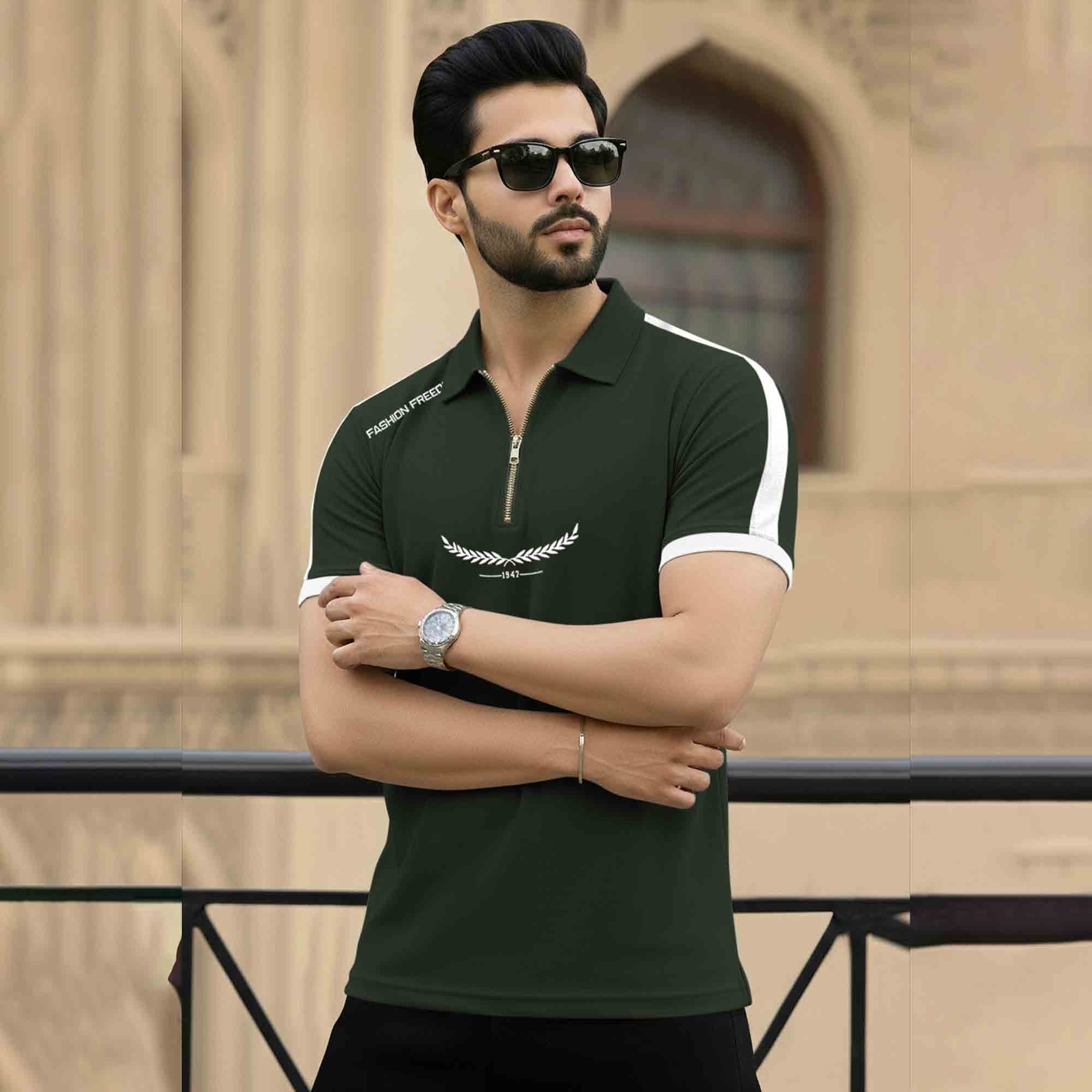 Men Quarter Zip Polo Neck Half Sleeve T-SHIRT Olivegreen & White