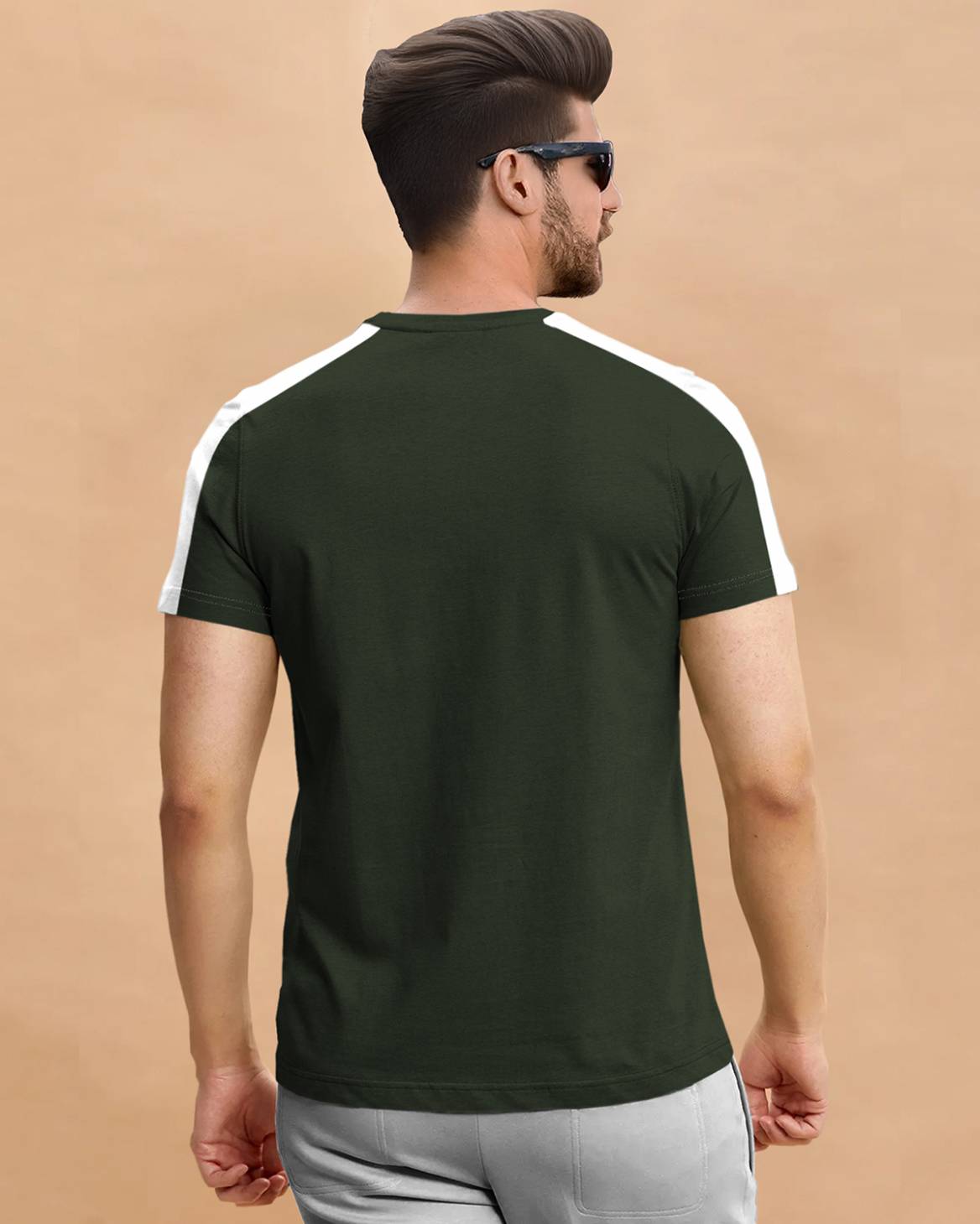 Men Half Sleeve Round Neck Olivegreen - White Cotton Blend T-Shirt