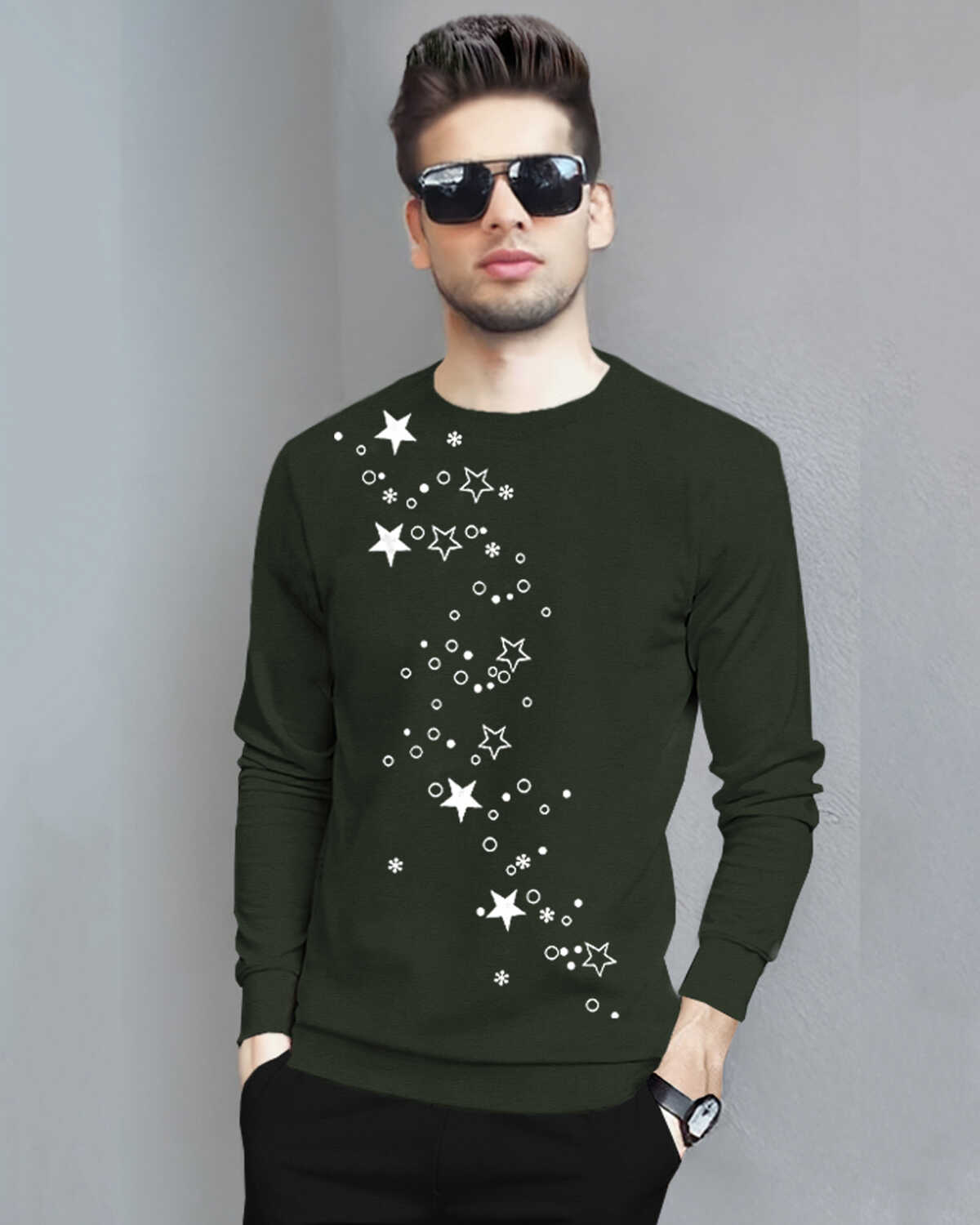 Men Full Sleeve Star Printed Olive Green Round Neck T-Shirt
