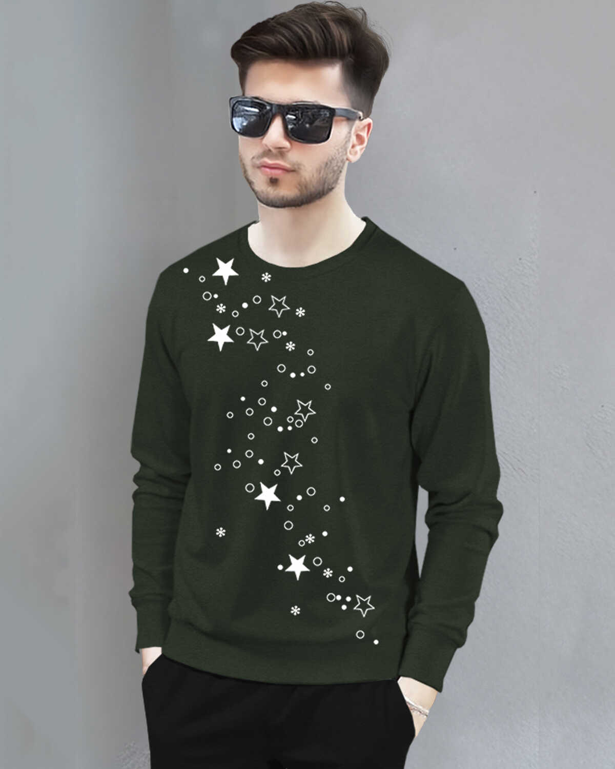Men Full Sleeve Star Printed Olive Green Round Neck T-Shirt