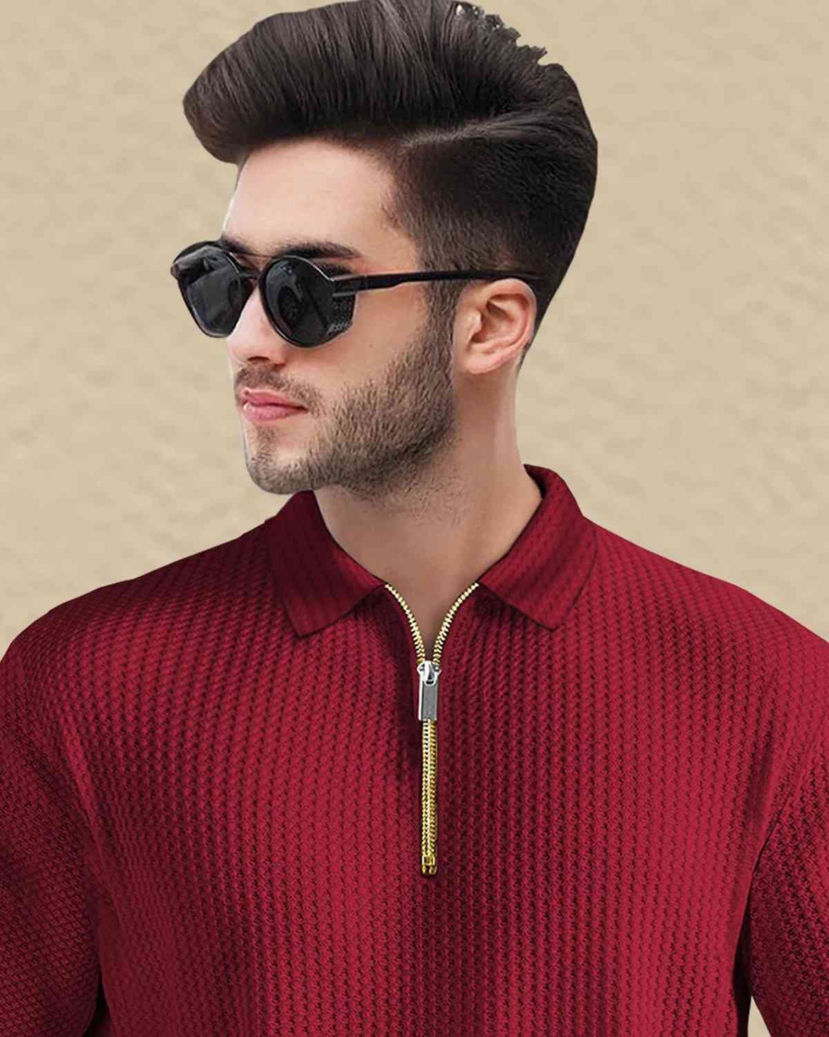 (Pack Of 2) Men Red & Black Textured Polo Half Sleeve Waffle T-shirts