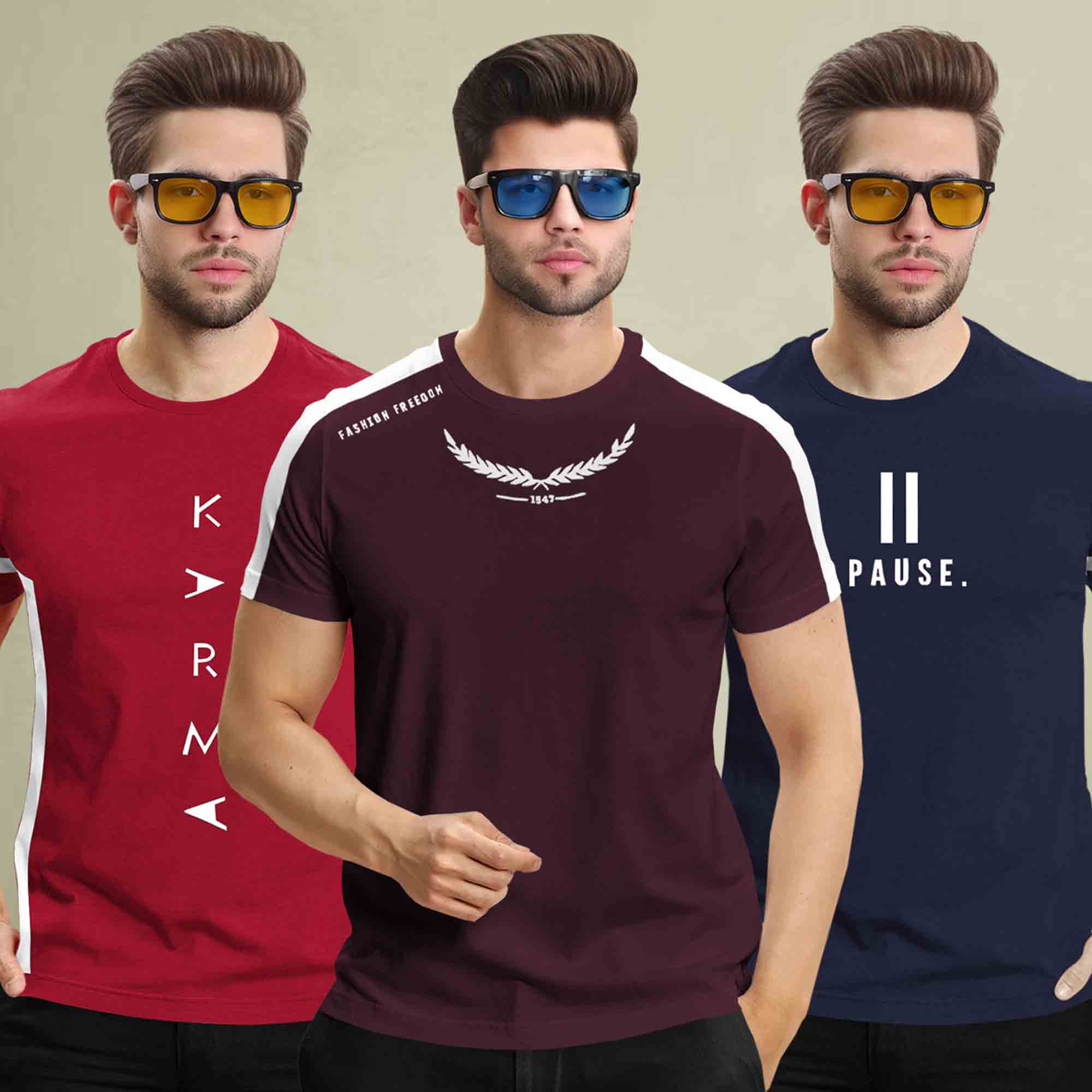 (Pack Of 3) Printed Half Sleeve Tshirts- 12 Variants