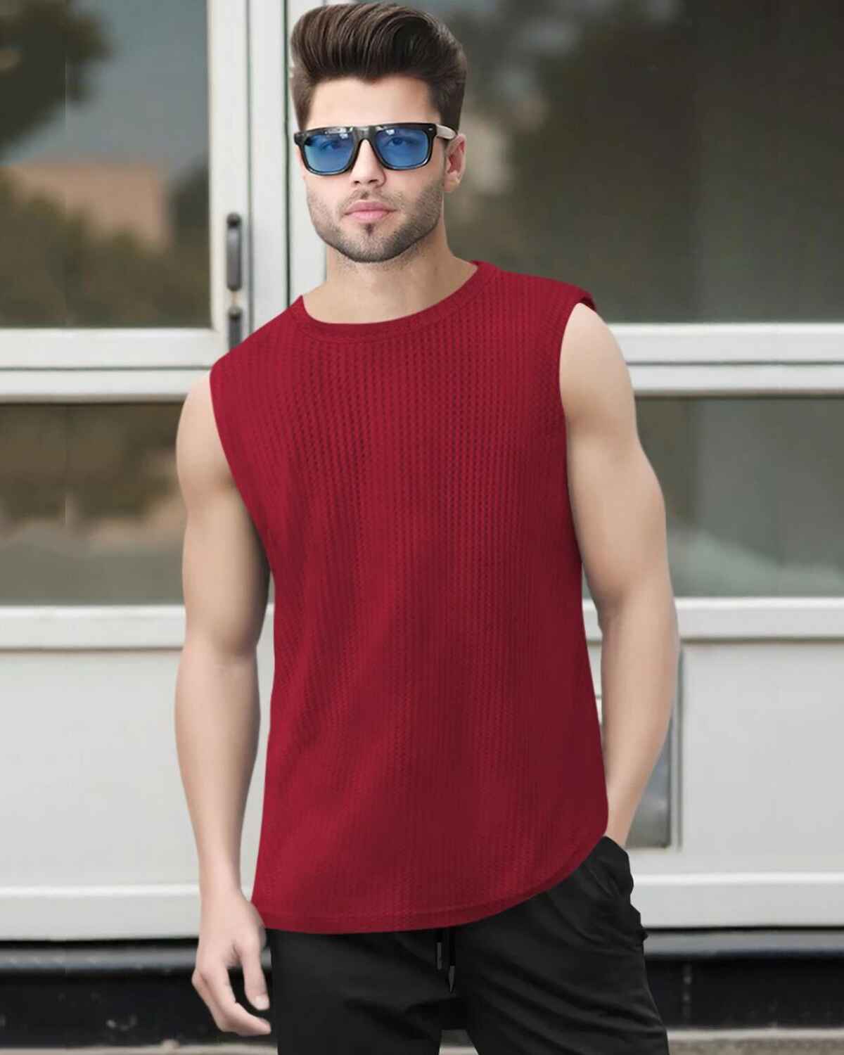 Men Casual Round Neck Plain Waffle Vest Red