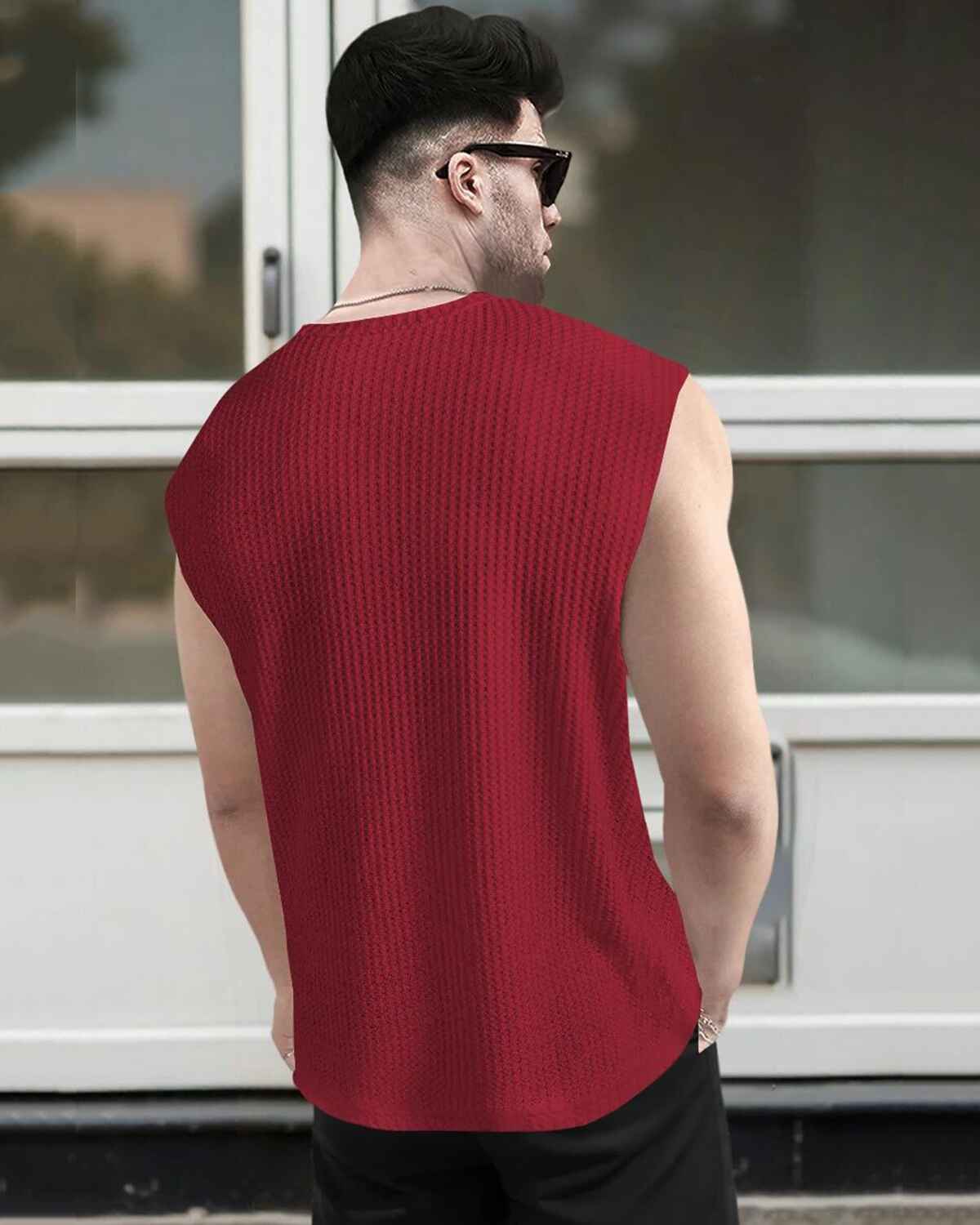 Men Casual Round Neck Plain Waffle Vest Red