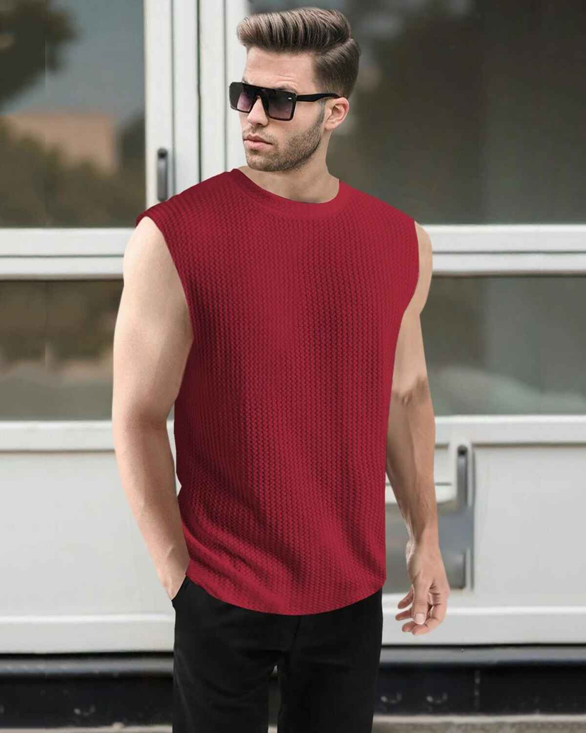 Men Casual Round Neck Plain Waffle Vest Red
